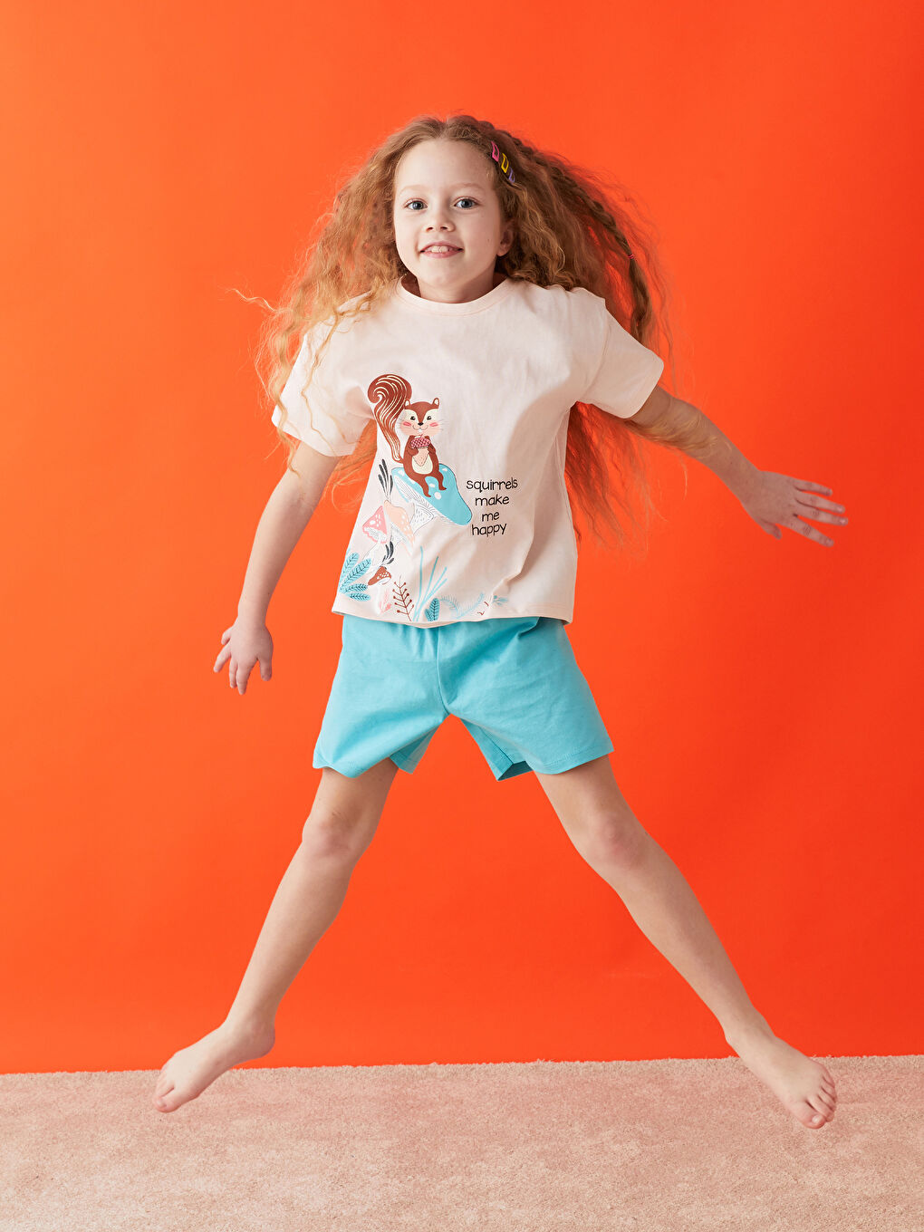 Pembe Bisiklet Yaka Baskılı Kısa Kollu Kız Çocuk Şortlu Pijama Takımı ve Maske-3