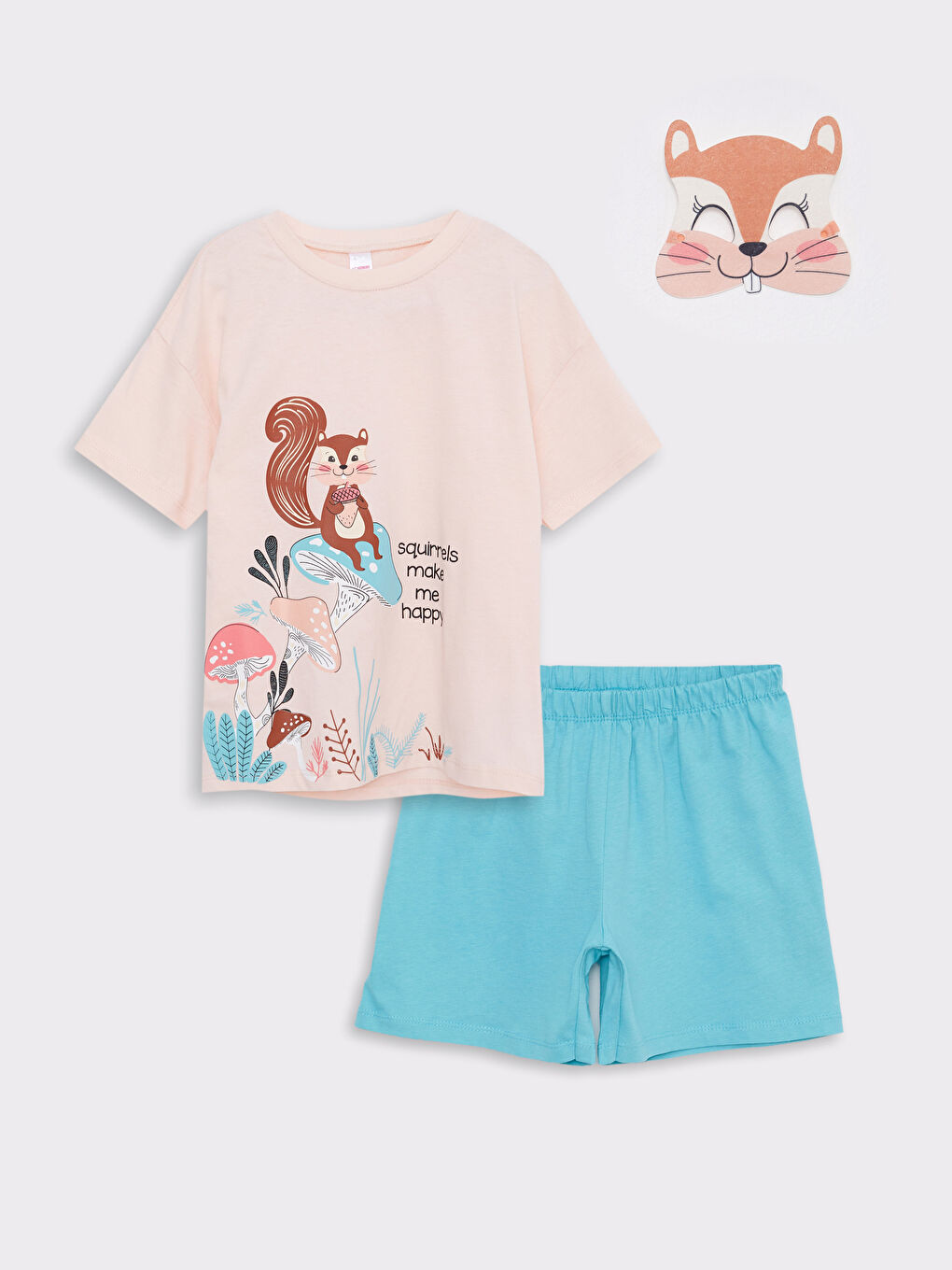 Pembe Bisiklet Yaka Baskılı Kısa Kollu Kız Çocuk Şortlu Pijama Takımı ve Maske-5