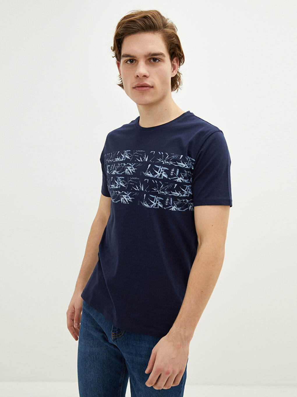 Lacivert Bisiklet Yaka Kısa Kollu Desenli Penye Erkek Tişört-1