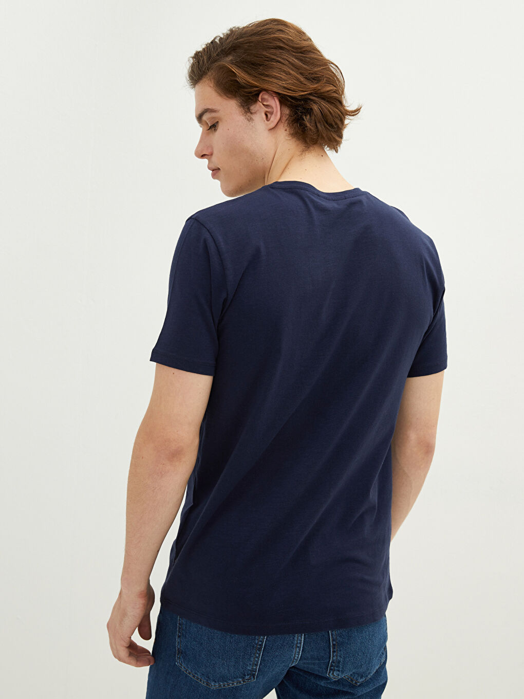 Lacivert Bisiklet Yaka Kısa Kollu Desenli Penye Erkek Tişört-4