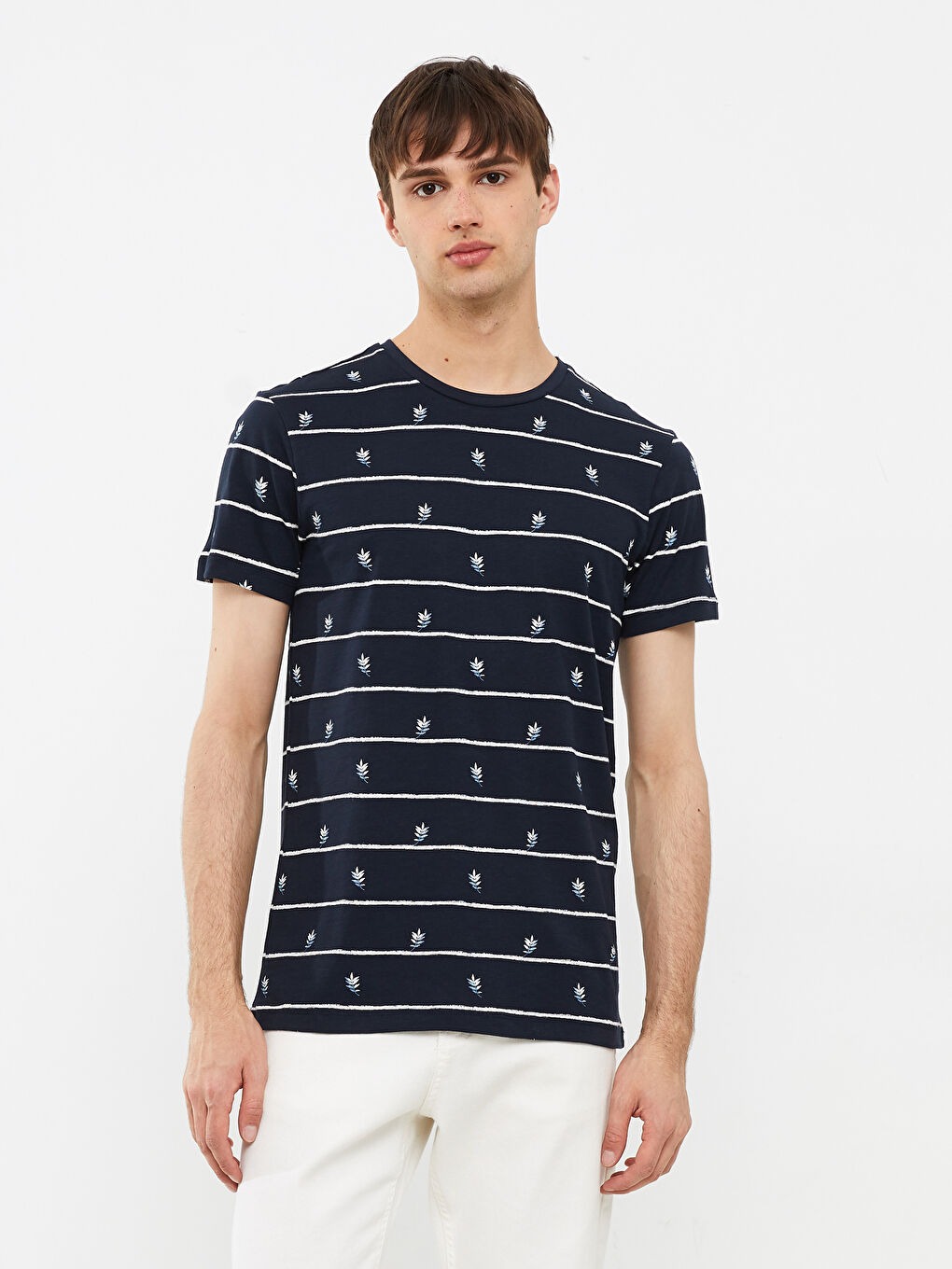 Lacivert Bisiklet Yaka Kısa Kollu Desenli Penye Erkek Tişört-1