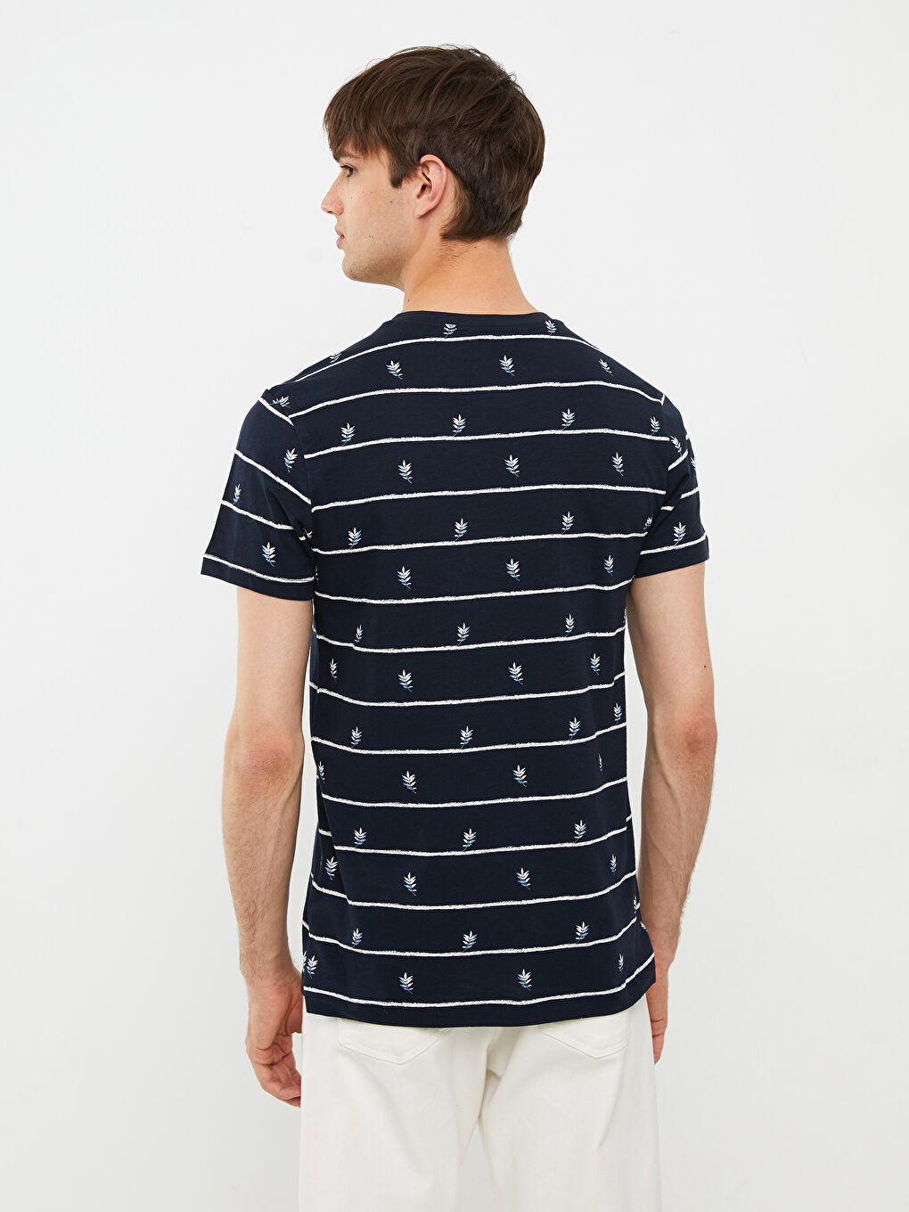 Lacivert Bisiklet Yaka Kısa Kollu Desenli Penye Erkek Tişört-4