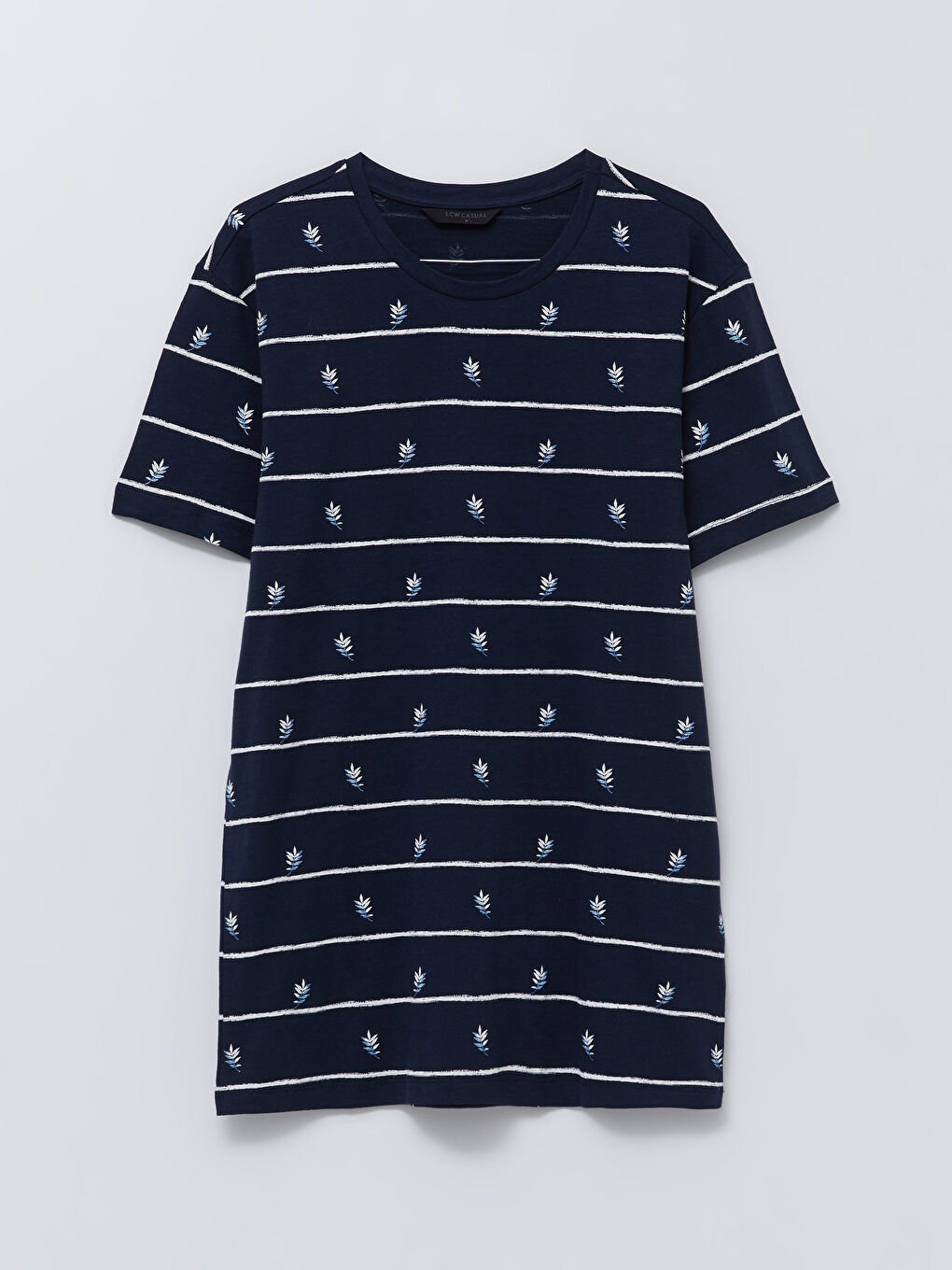 Lacivert Bisiklet Yaka Kısa Kollu Desenli Penye Erkek Tişört-5