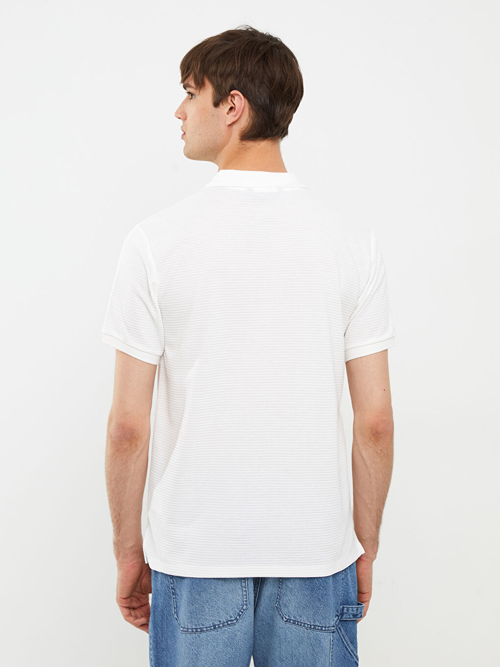 Beyaz Polo Yaka Kısa Kollu Erkek Tişört-4