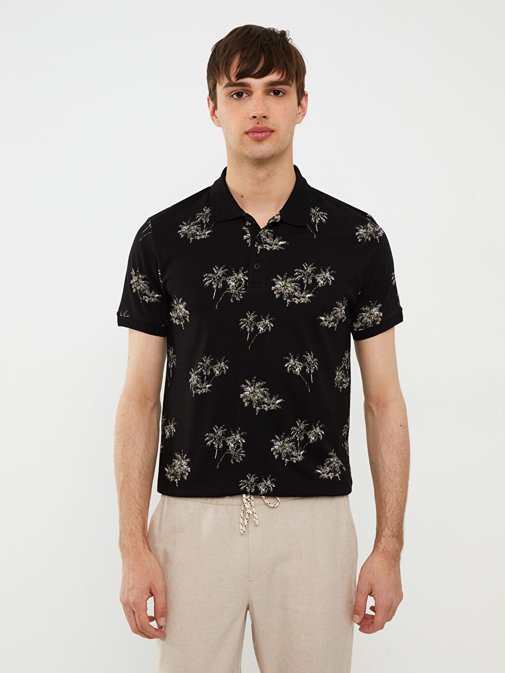 Siyah Polo Yaka Kısa Kollu Penye Erkek Tişört-1