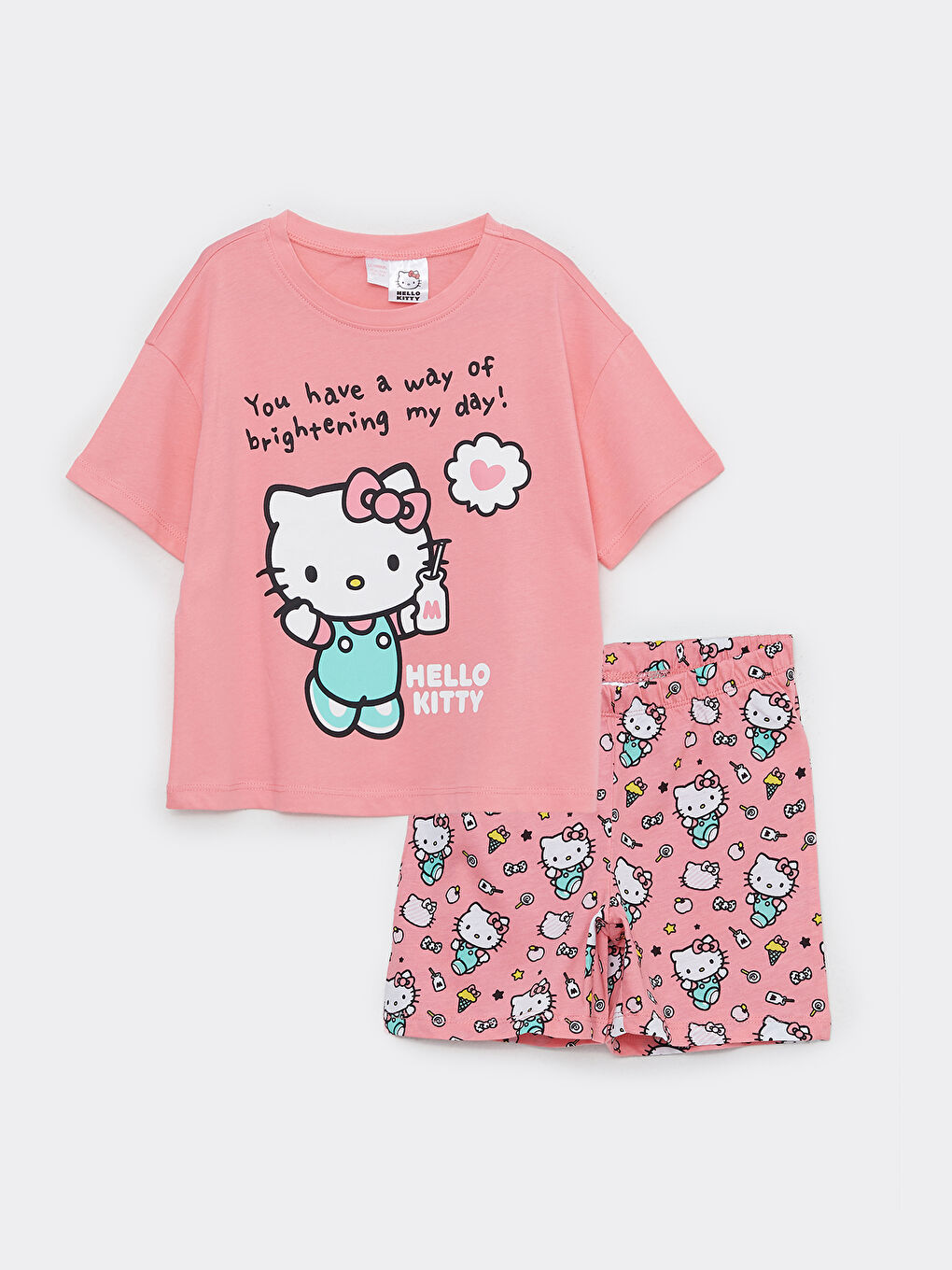 Қыздарға арналған дөңгелек жағалы hello kitty принтті қысқа жең қысқа пижама жинағы-3