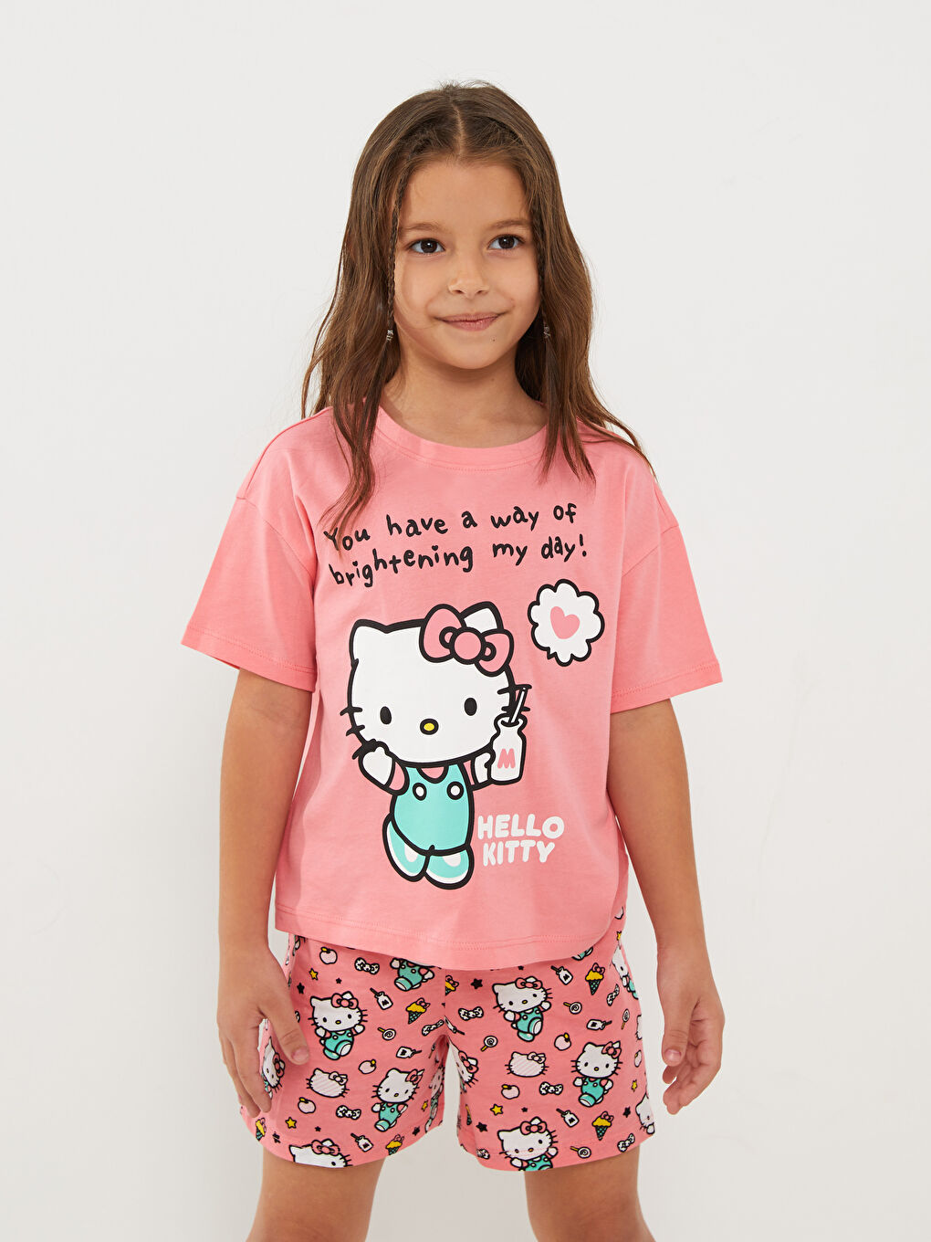 Қыздарға арналған дөңгелек жағалы hello kitty принтті қысқа жең қысқа пижама жинағы-2