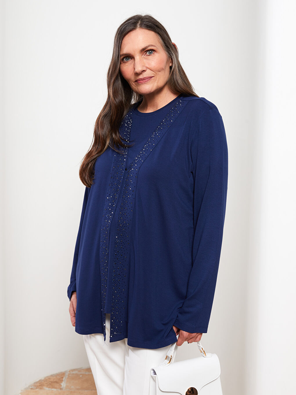 V-Neck Sequin Embroidered Long Sleeve Women's Cardigan and T-Shirt Set-1