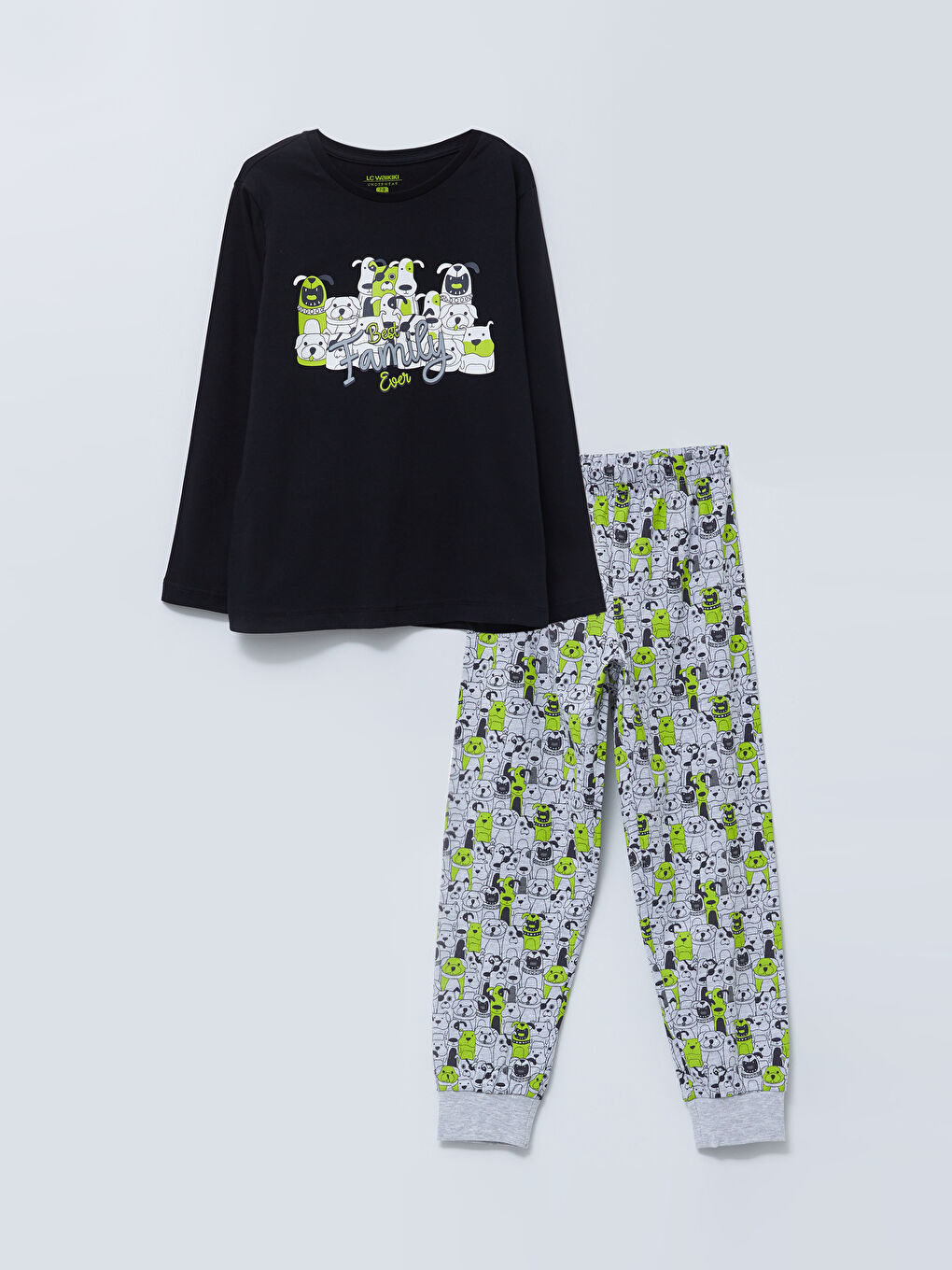 Siyah Bisiklet Yaka Baskılı Uzun Kollu Erkek Çocuk Pijama Takımı