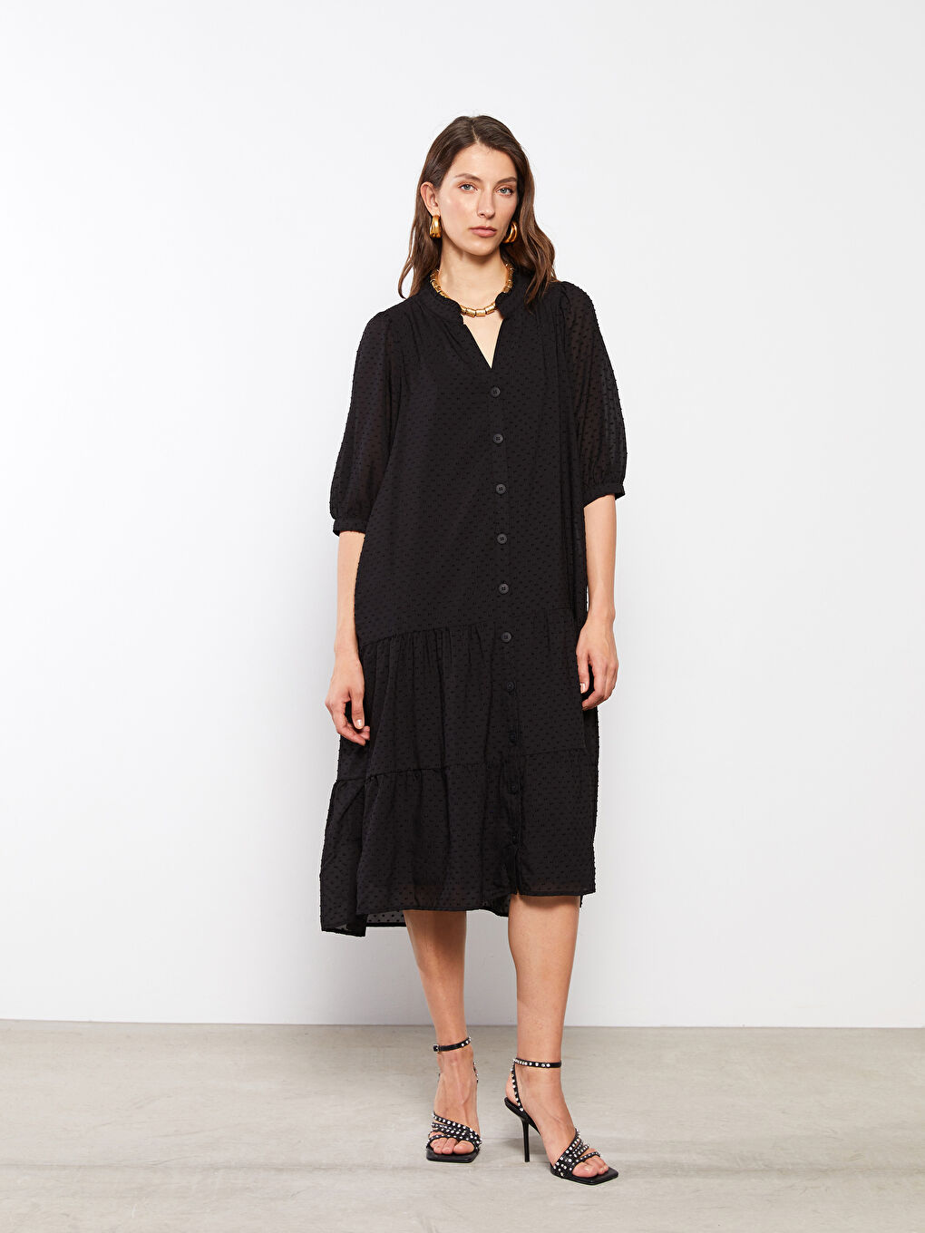 Henley Neckline Self Patterned Chiffon Women's Dress-1