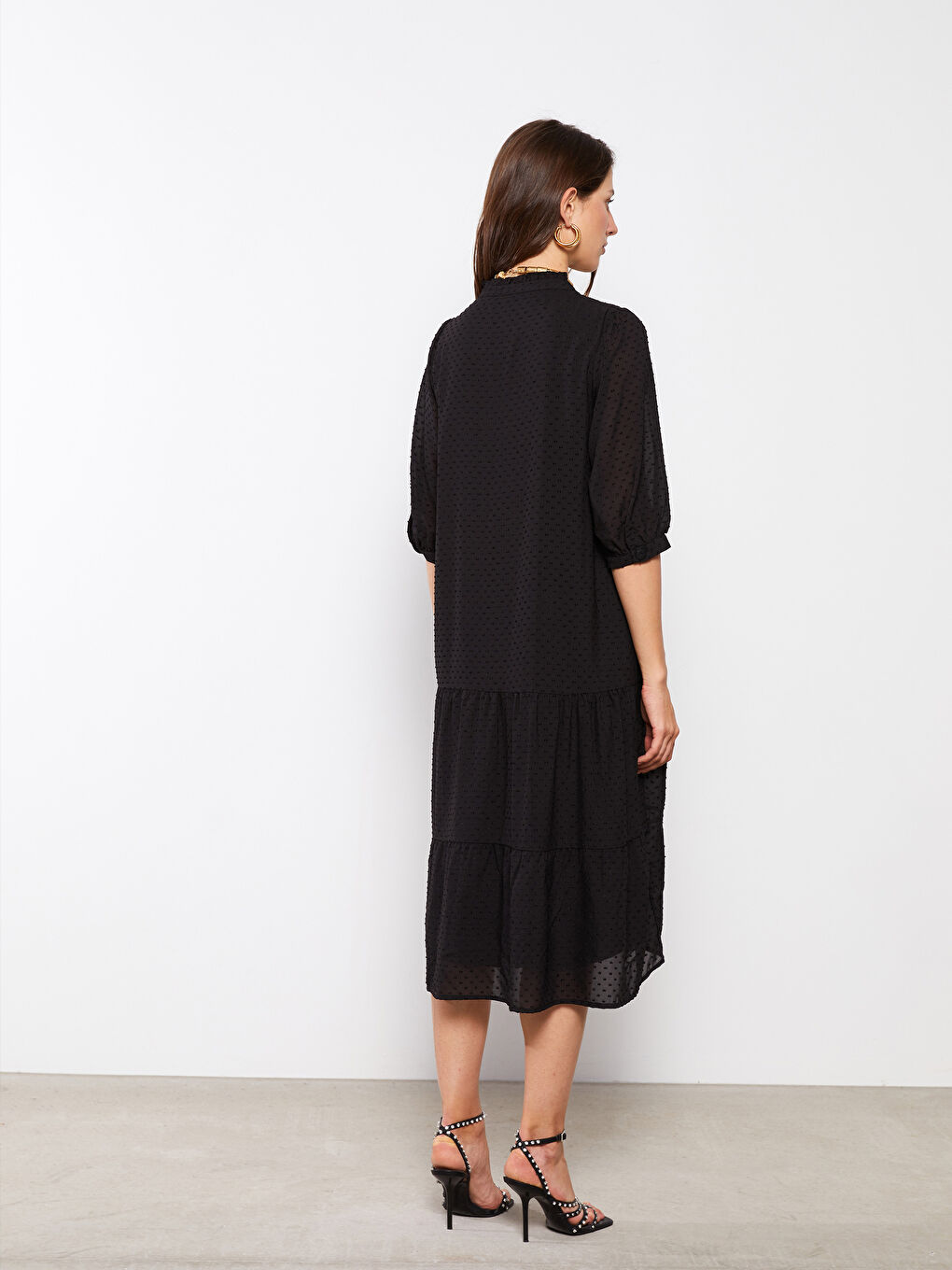 Henley Neckline Self Patterned Chiffon Women's Dress-4