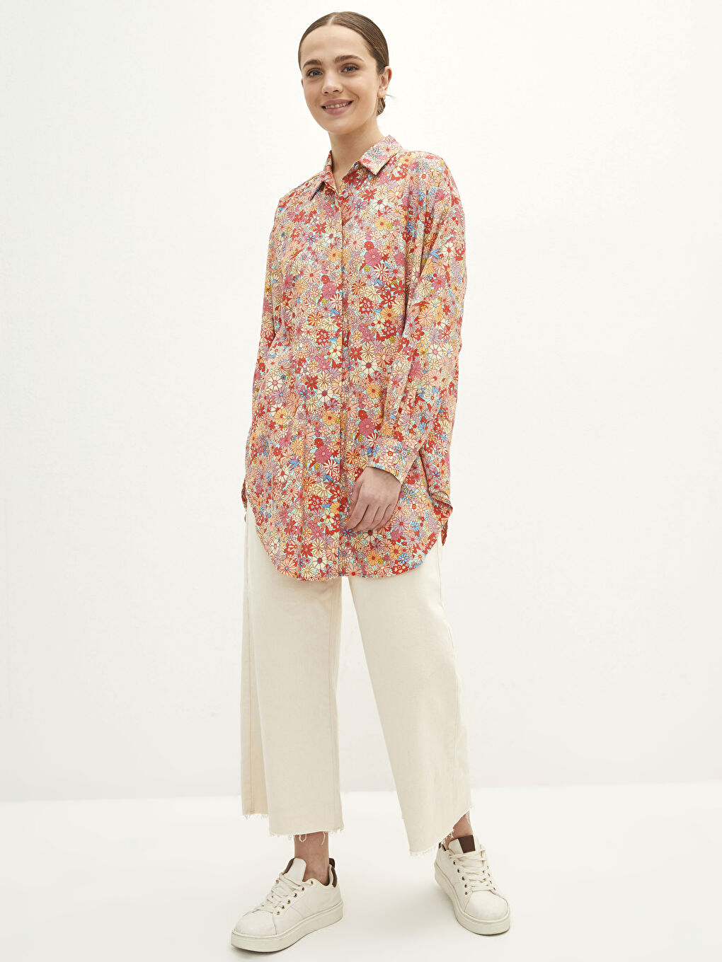 Pembe Çiçekli Uzun Kollu Oversize Poplin Kadın Gömlek Tunik-2