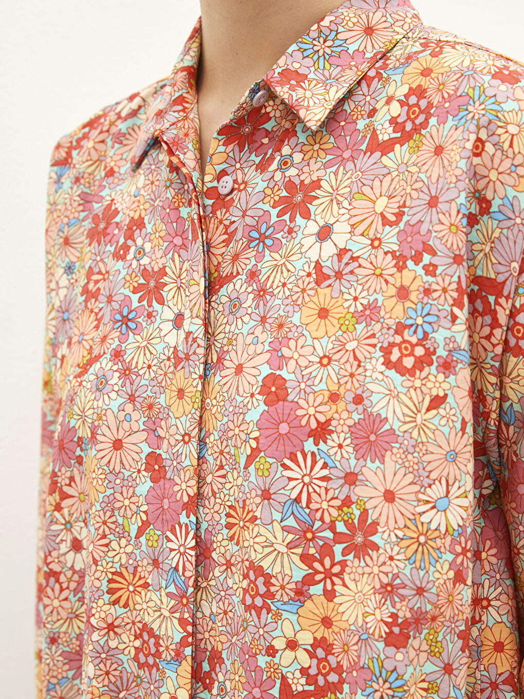 Pembe Çiçekli Uzun Kollu Oversize Poplin Kadın Gömlek Tunik-4