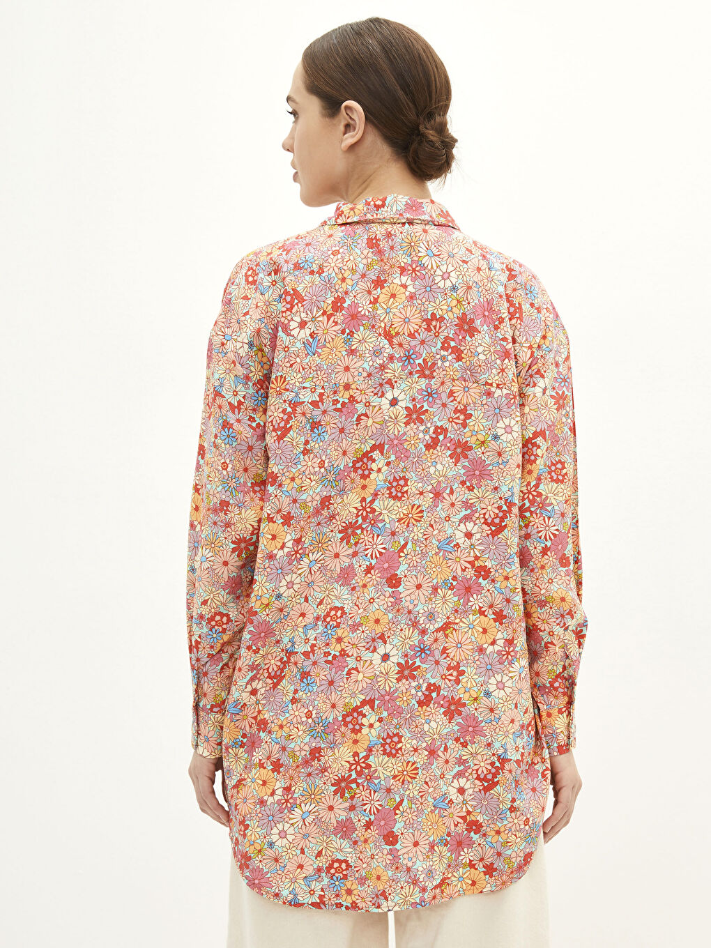 Pembe Çiçekli Uzun Kollu Oversize Poplin Kadın Gömlek Tunik-5