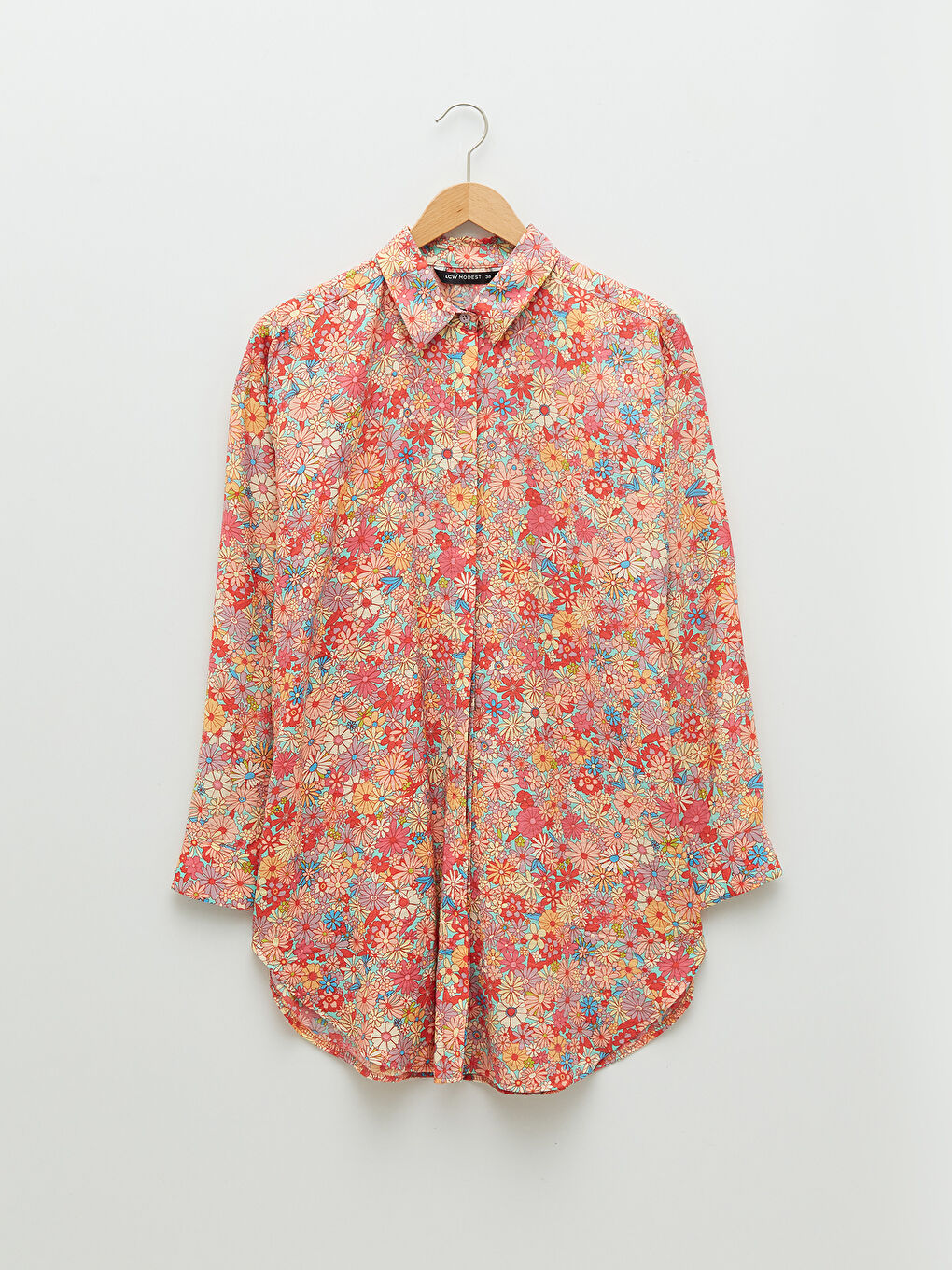 Pembe Çiçekli Uzun Kollu Oversize Poplin Kadın Gömlek Tunik-6