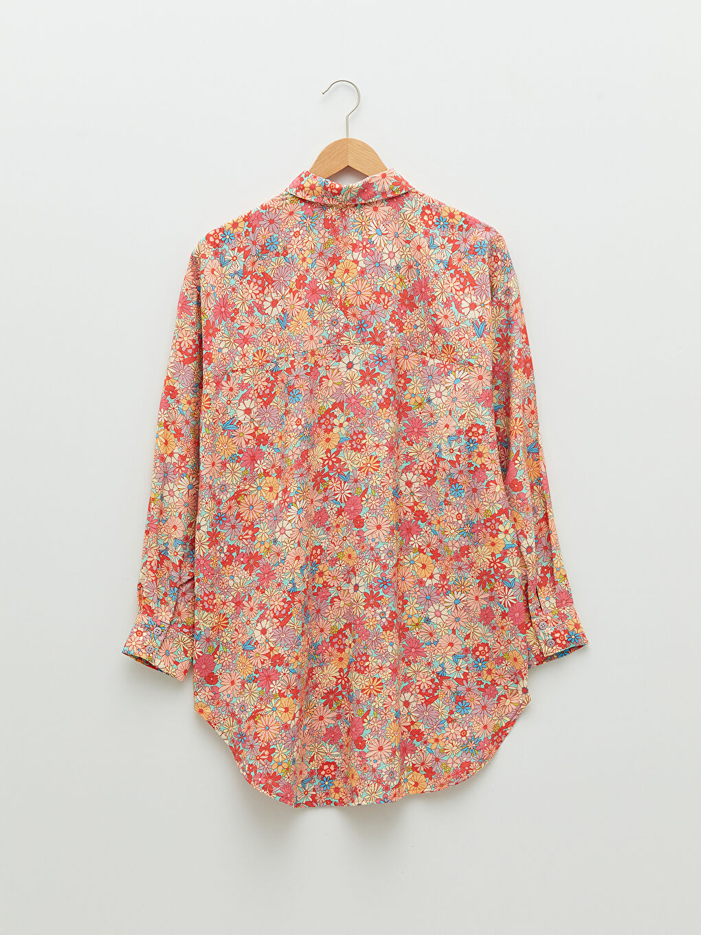 Pembe Çiçekli Uzun Kollu Oversize Poplin Kadın Gömlek Tunik-7