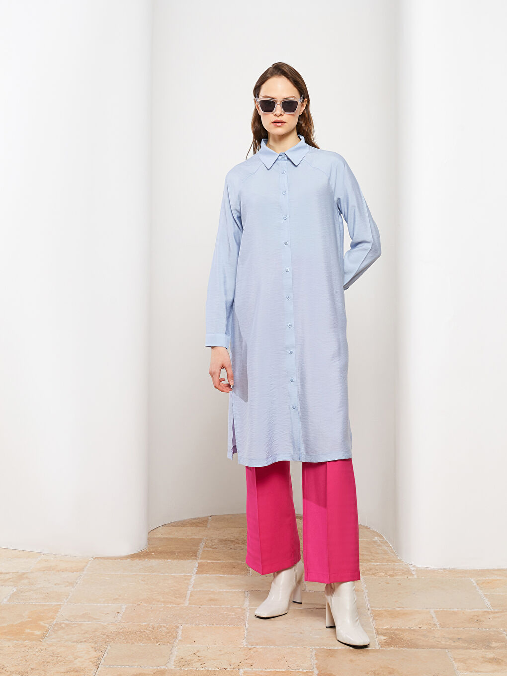 Mavi Düz Uzun Kollu Kadın Gömlek Tunik