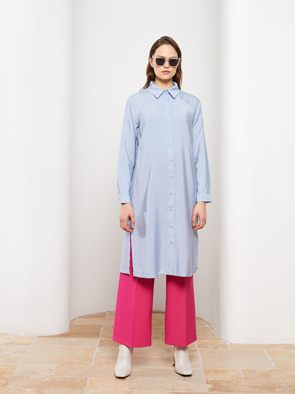 Mavi Düz Uzun Kollu Kadın Gömlek Tunik-1