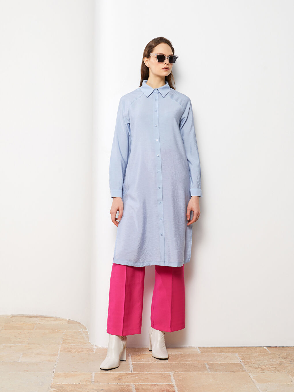 Mavi Düz Uzun Kollu Kadın Gömlek Tunik-2