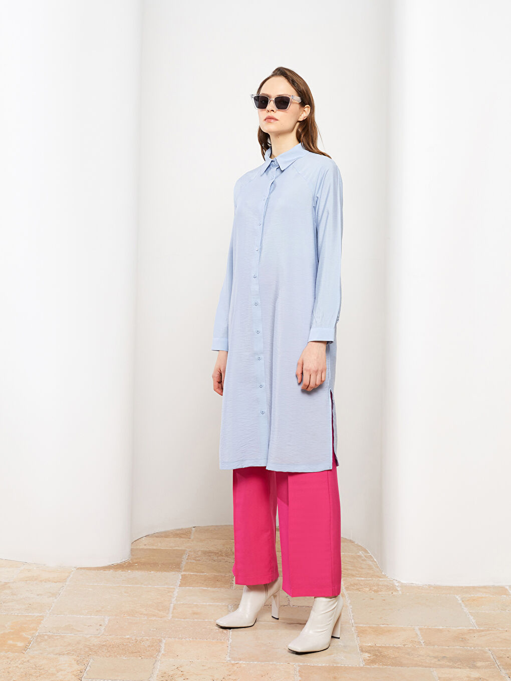 Mavi Düz Uzun Kollu Kadın Gömlek Tunik-3