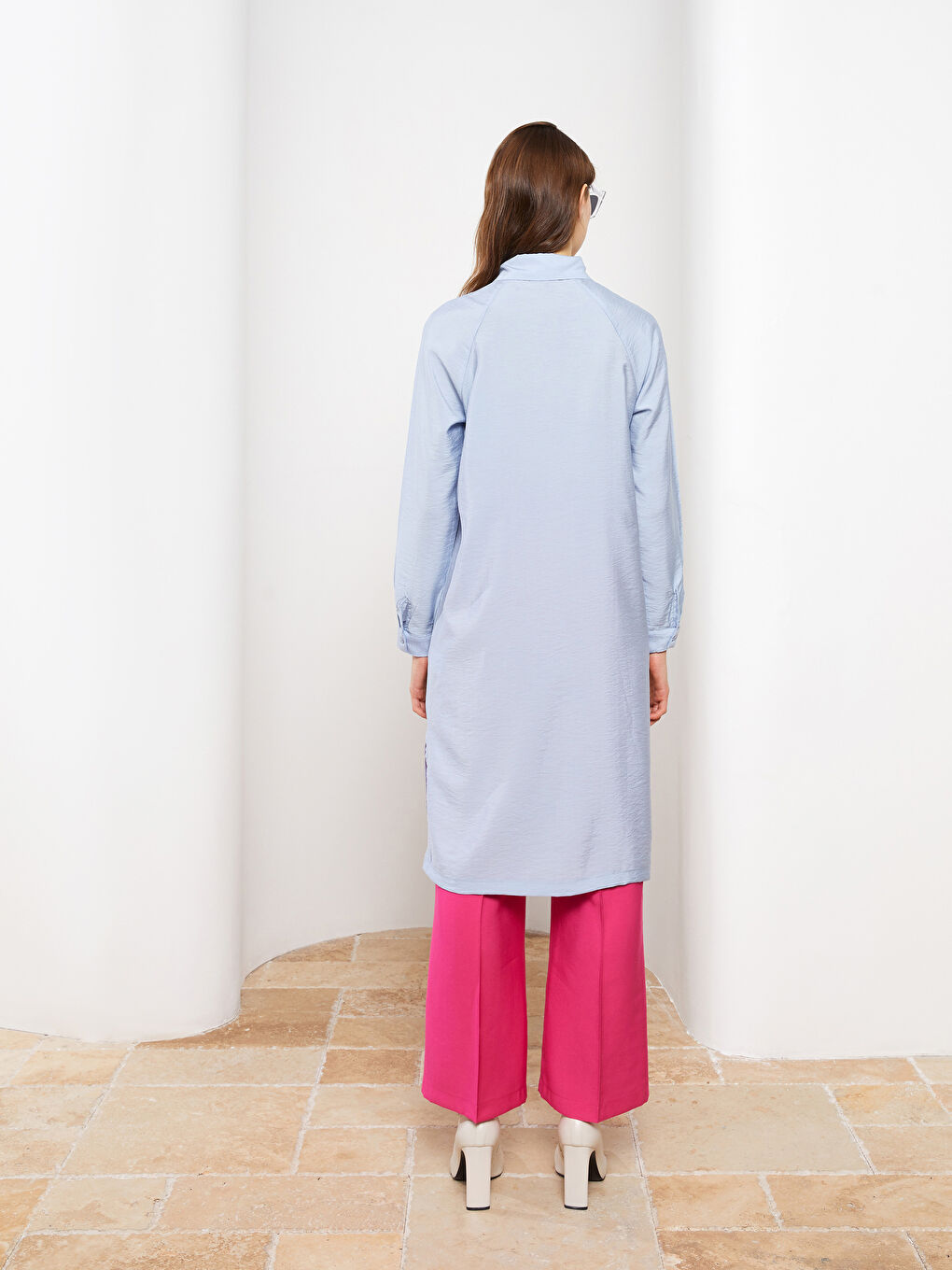 Mavi Düz Uzun Kollu Kadın Gömlek Tunik-6