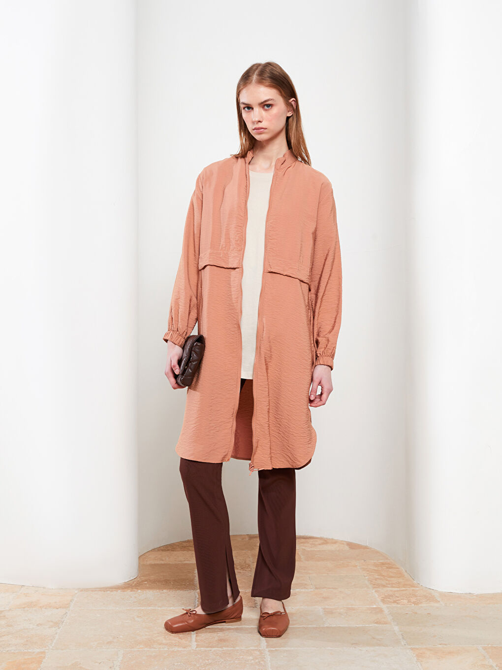 تونيك كم طويل سادة بياقة قمع للسيدات