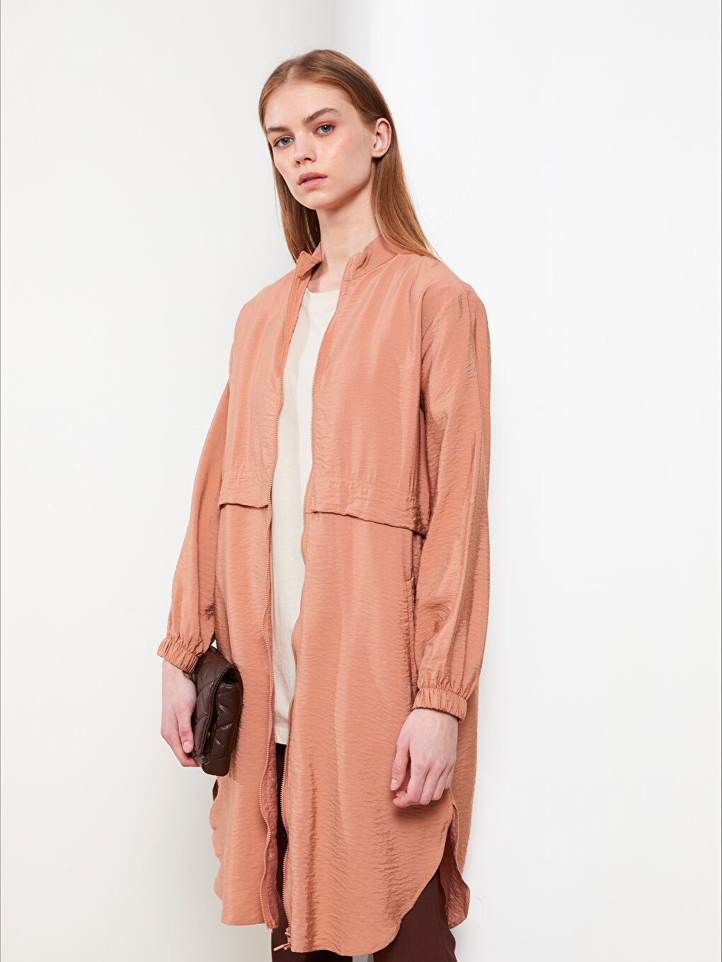 تونيك كم طويل سادة بياقة قمع للسيدات-1