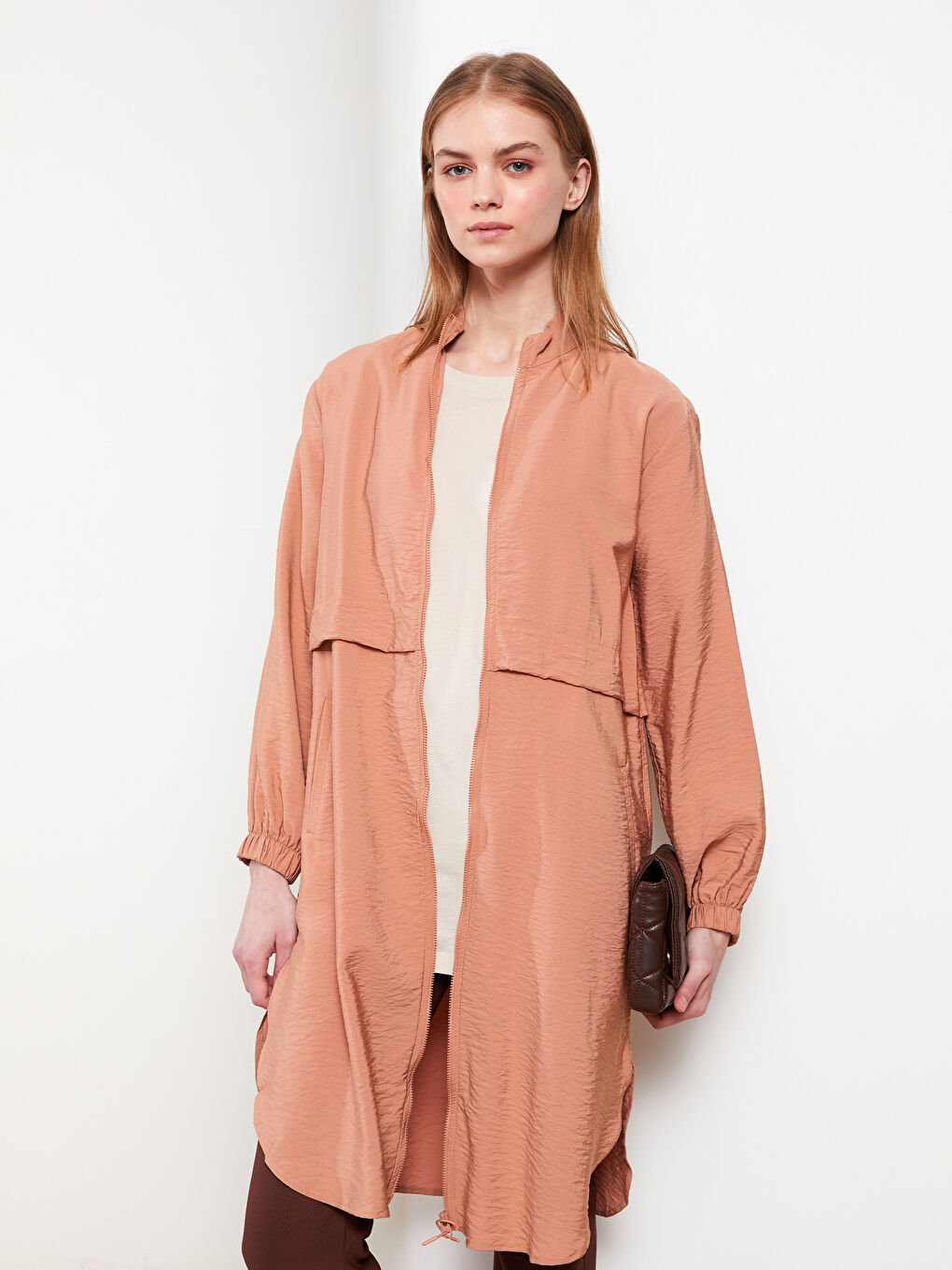 تونيك كم طويل سادة بياقة قمع للسيدات-2