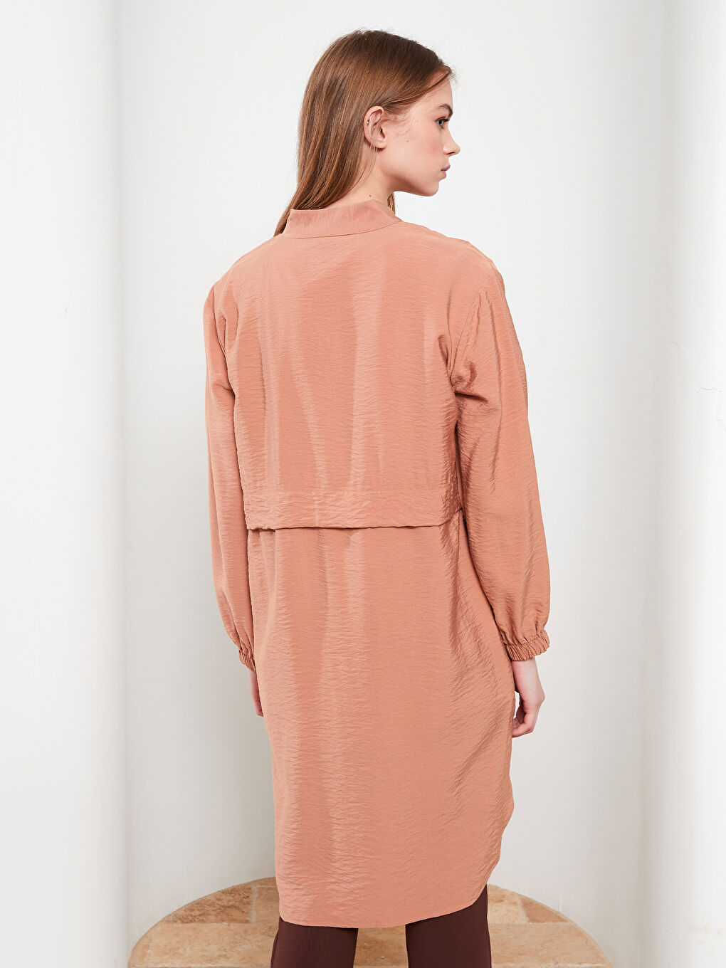 تونيك كم طويل سادة بياقة قمع للسيدات-4