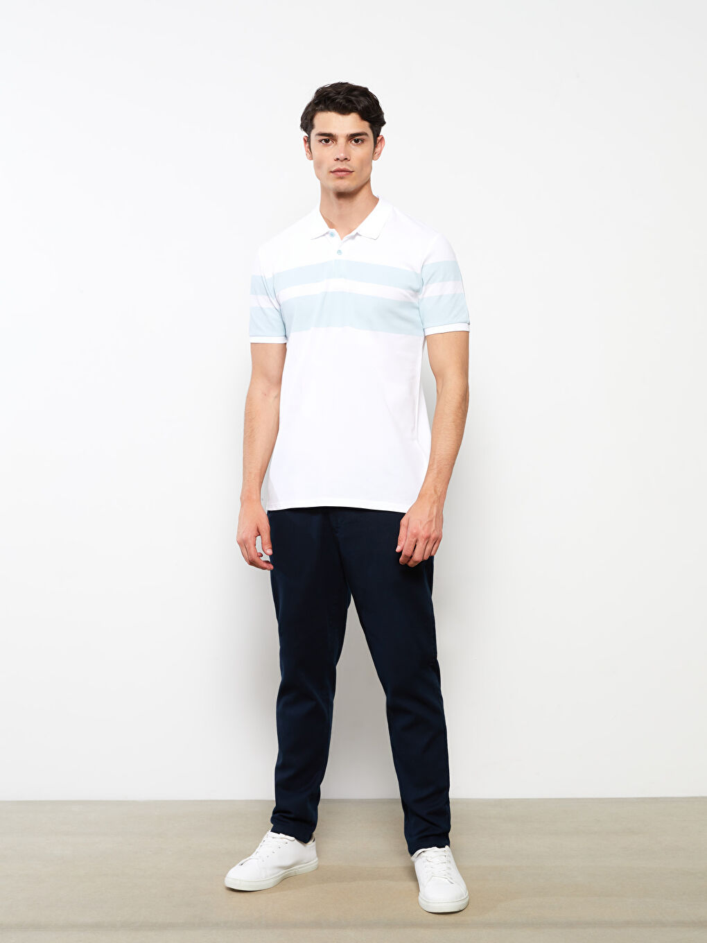 Turkuaz Polo Yaka Kısa Kollu Çizgili Pike Erkek Tişört