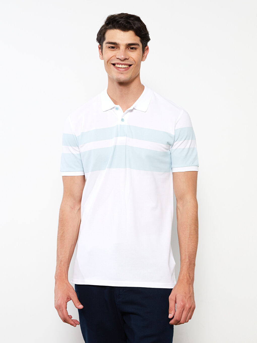 Turkuaz Polo Yaka Kısa Kollu Çizgili Pike Erkek Tişört-1
