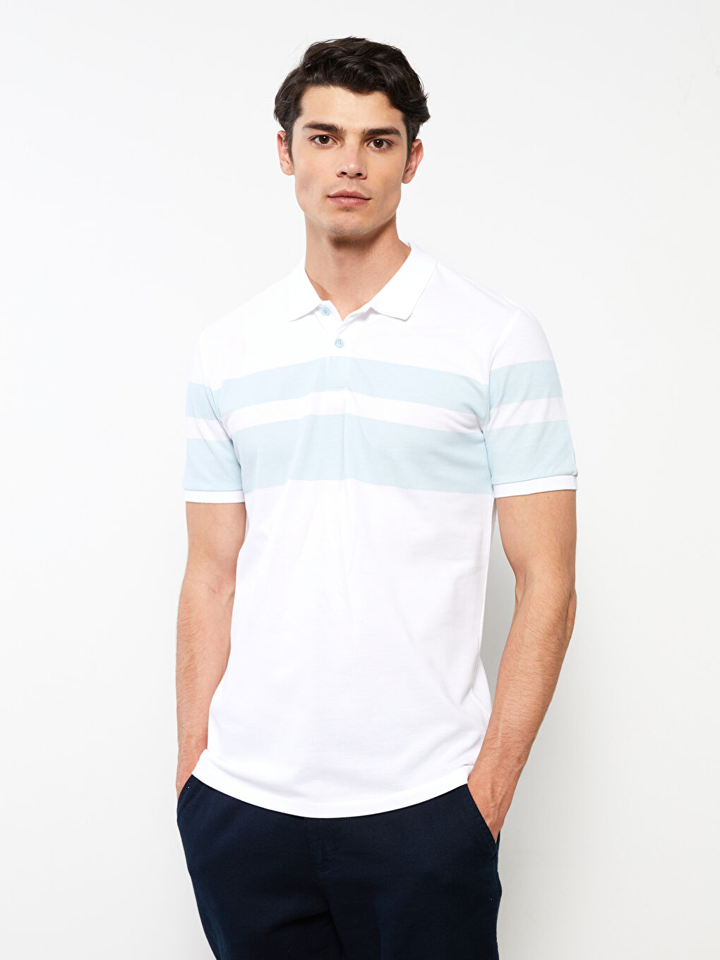 Turkuaz Polo Yaka Kısa Kollu Çizgili Pike Erkek Tişört-2