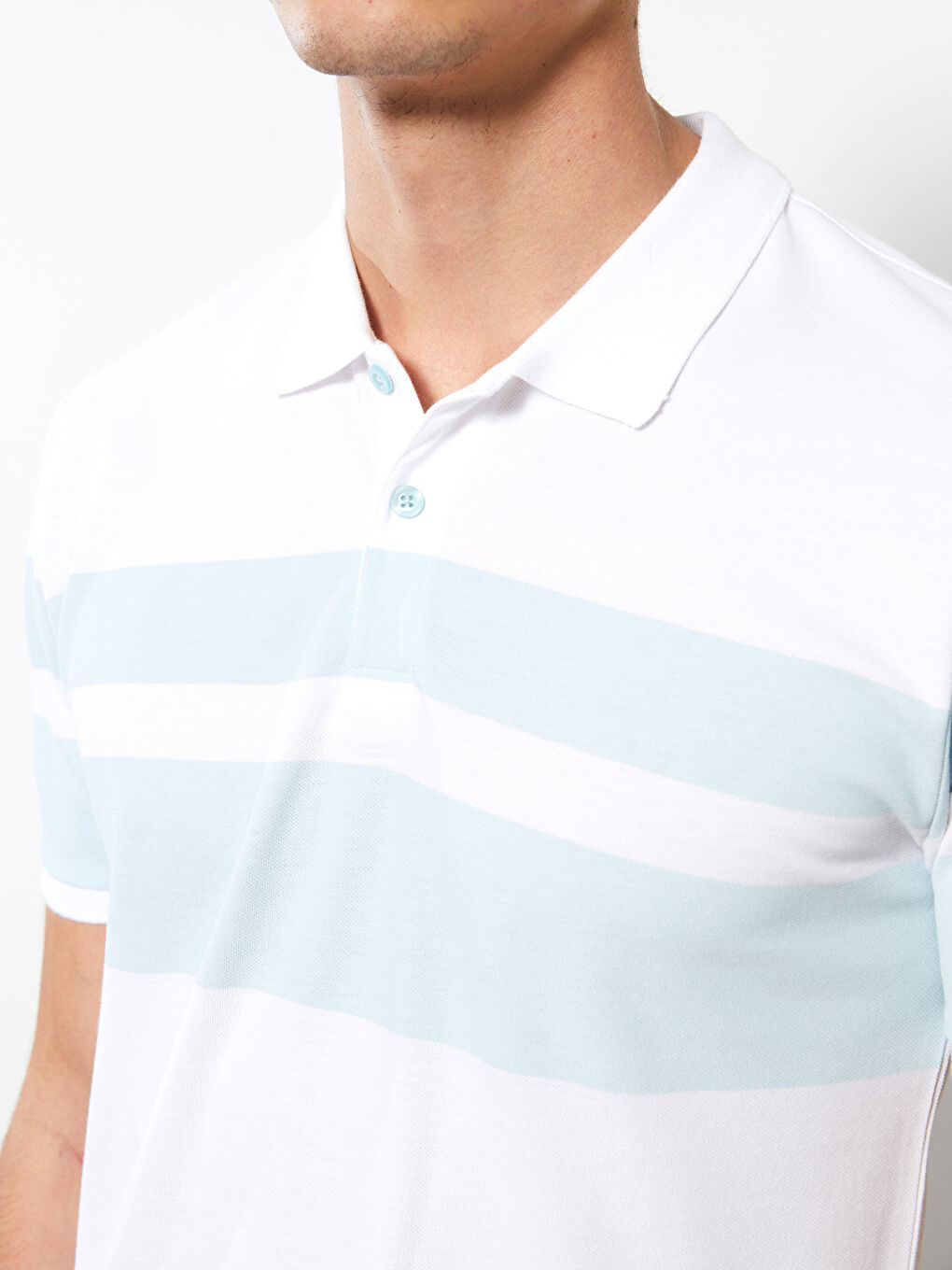 Turkuaz Polo Yaka Kısa Kollu Çizgili Pike Erkek Tişört-3