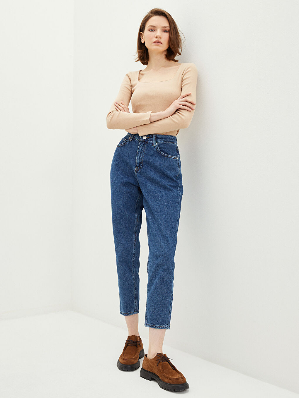 İndigo Yüksek Bel Standart Fit Cep Detaylı Rodeo Kadın Jean Pantolon