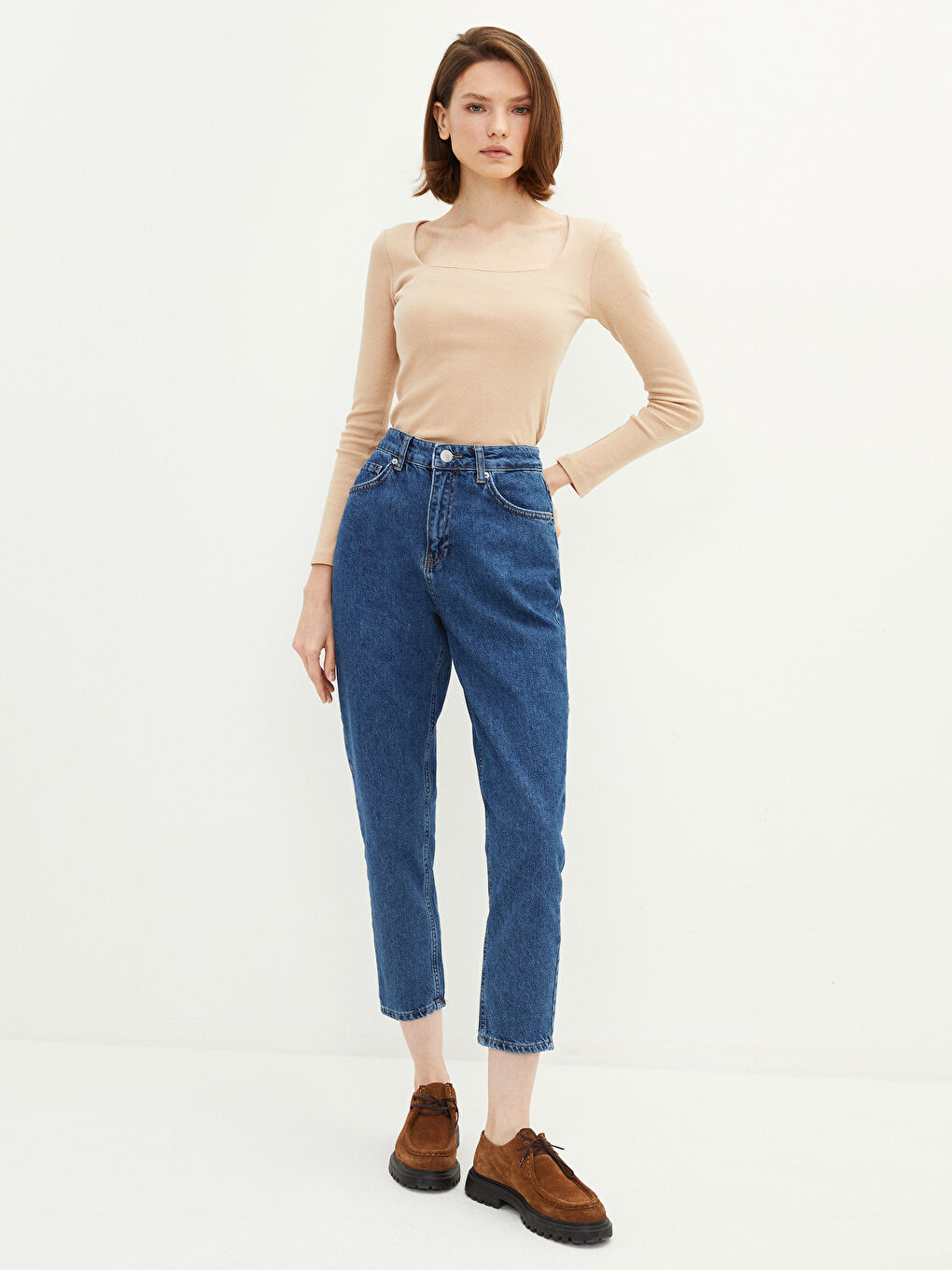 İndigo Yüksek Bel Standart Fit Cep Detaylı Rodeo Kadın Jean Pantolon-1