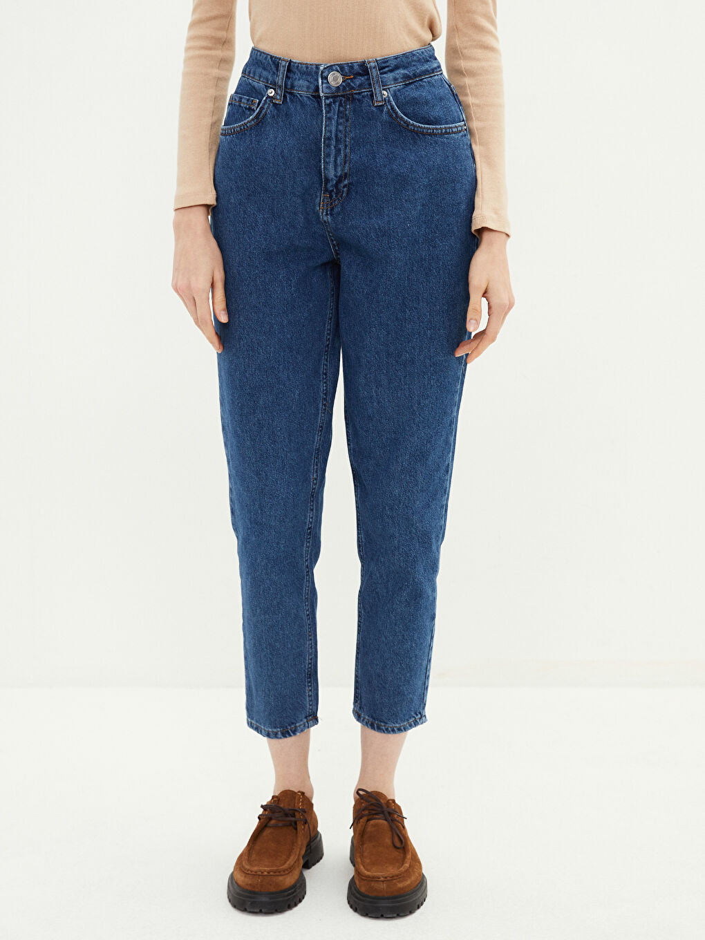 İndigo Yüksek Bel Standart Fit Cep Detaylı Rodeo Kadın Jean Pantolon-2