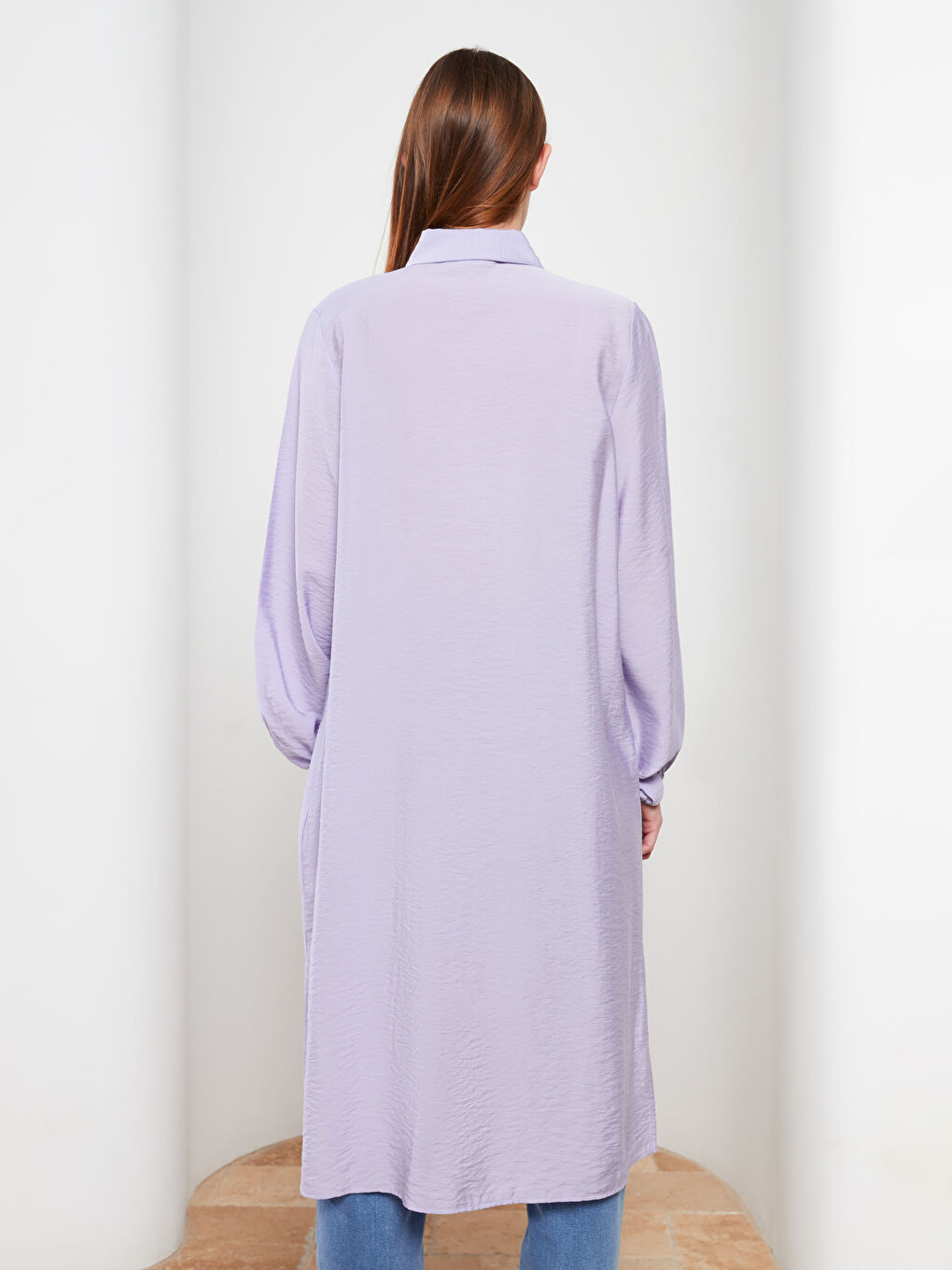Lila Düz Uzun Kollu Kadın Gömlek Tunik-3