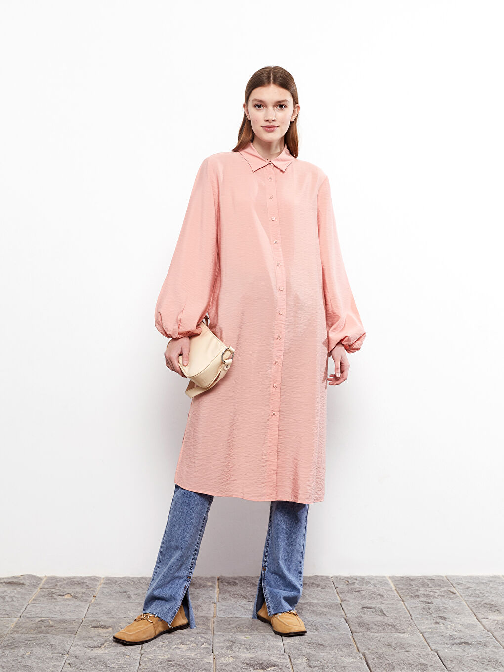 Однотонная рубашка-туника с длинным рукавом для женщин