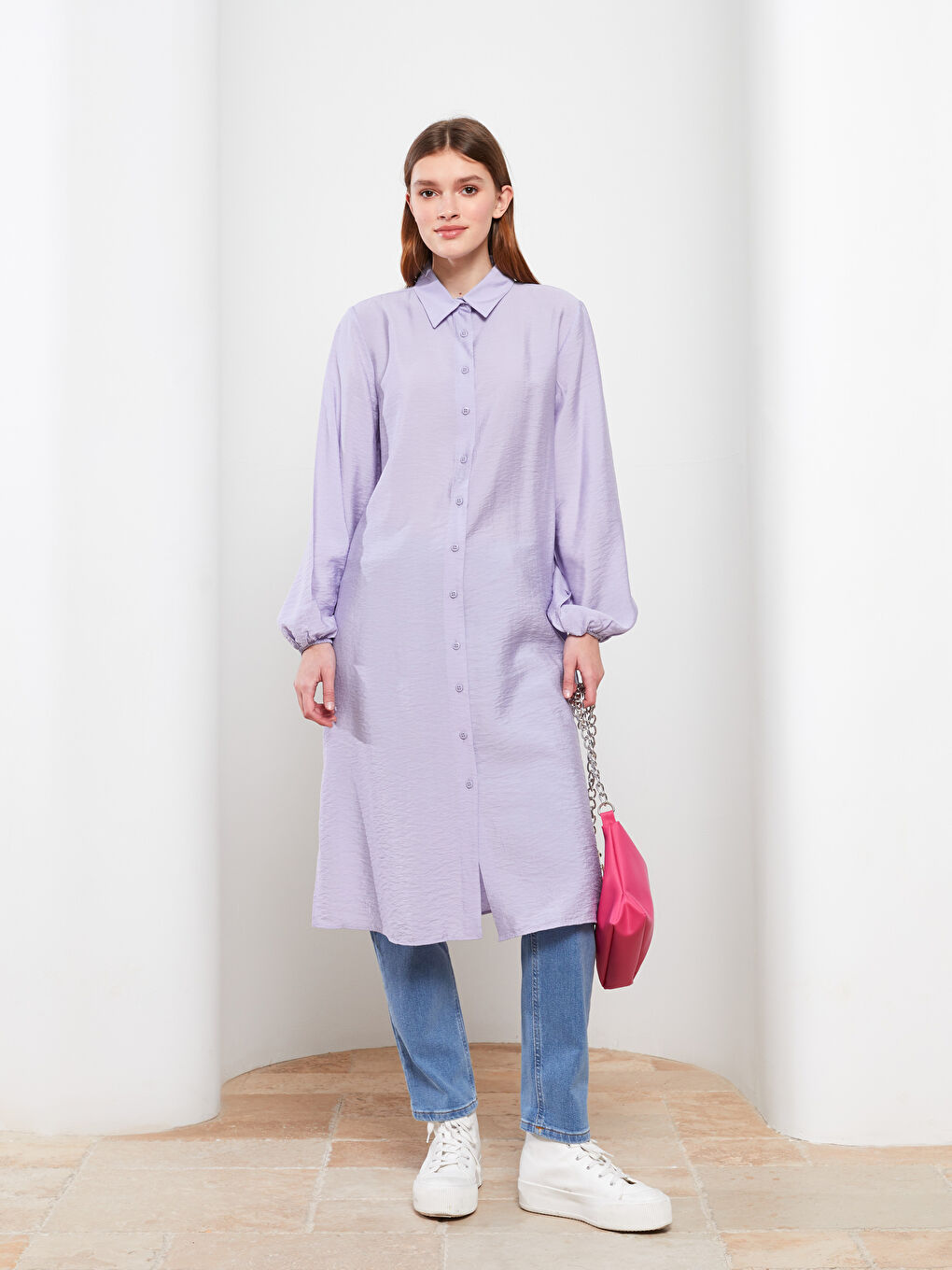 Lila Düz Uzun Kollu Kadın Gömlek Tunik