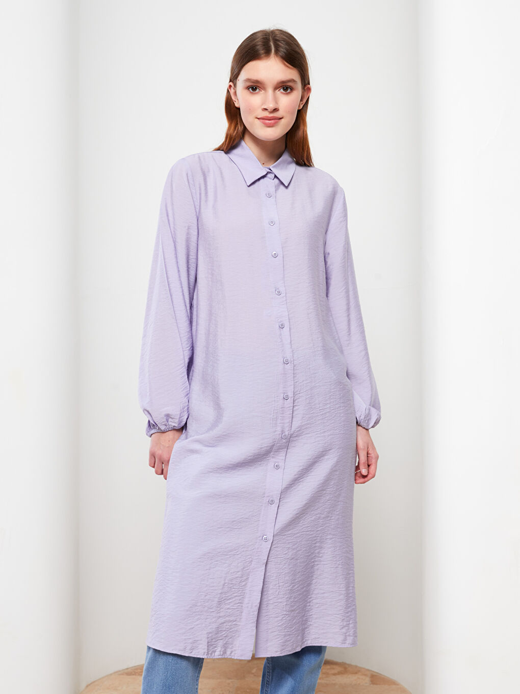 Lila Düz Uzun Kollu Kadın Gömlek Tunik-1