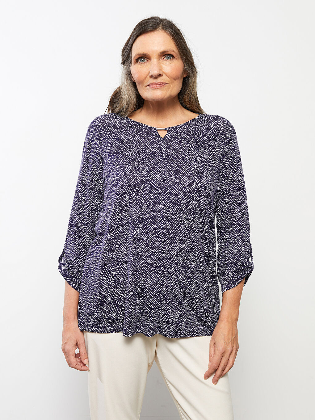 Lacivert Bisiklet Yaka Desenli Uzun Kollu Kadın Tişört-2