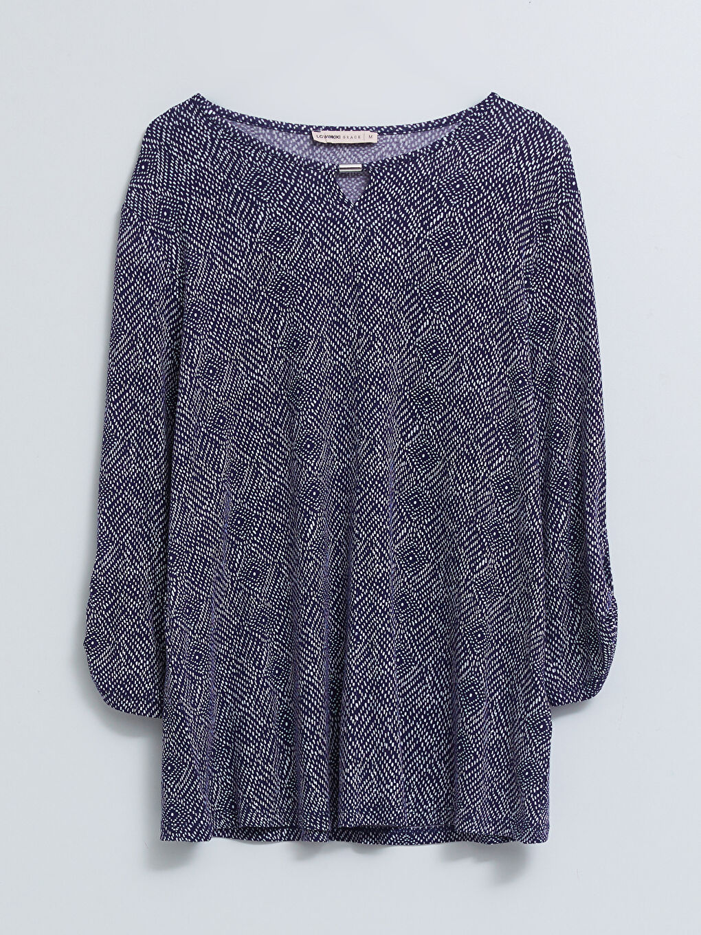 Lacivert Bisiklet Yaka Desenli Uzun Kollu Kadın Tişört-5