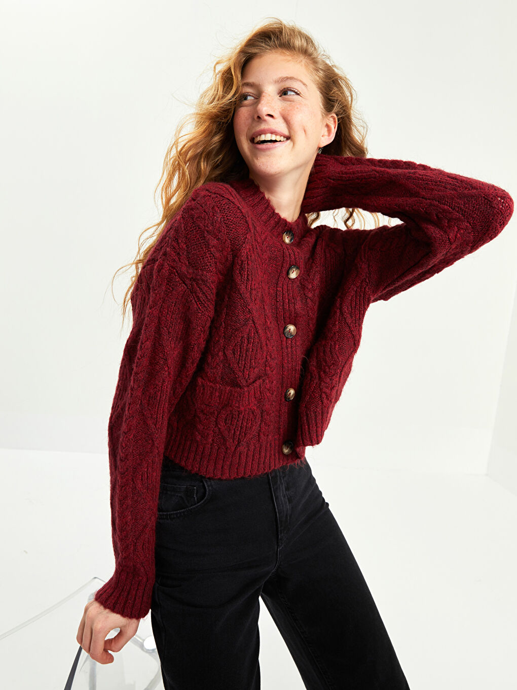 Bordo Bisiklet Yaka Kendinden Desenli Kadın Triko Hırka