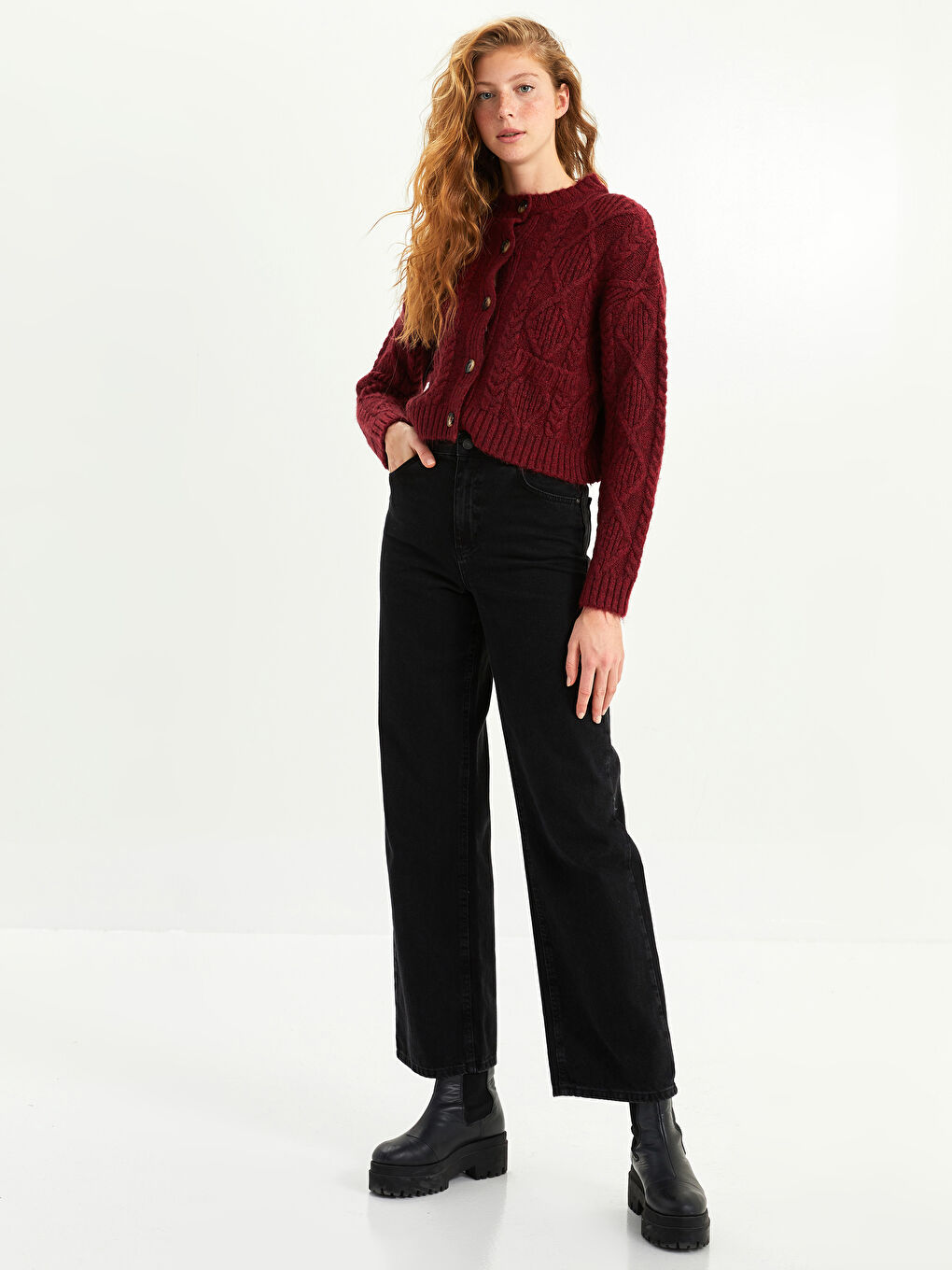 Bordo Bisiklet Yaka Kendinden Desenli Kadın Triko Hırka-3