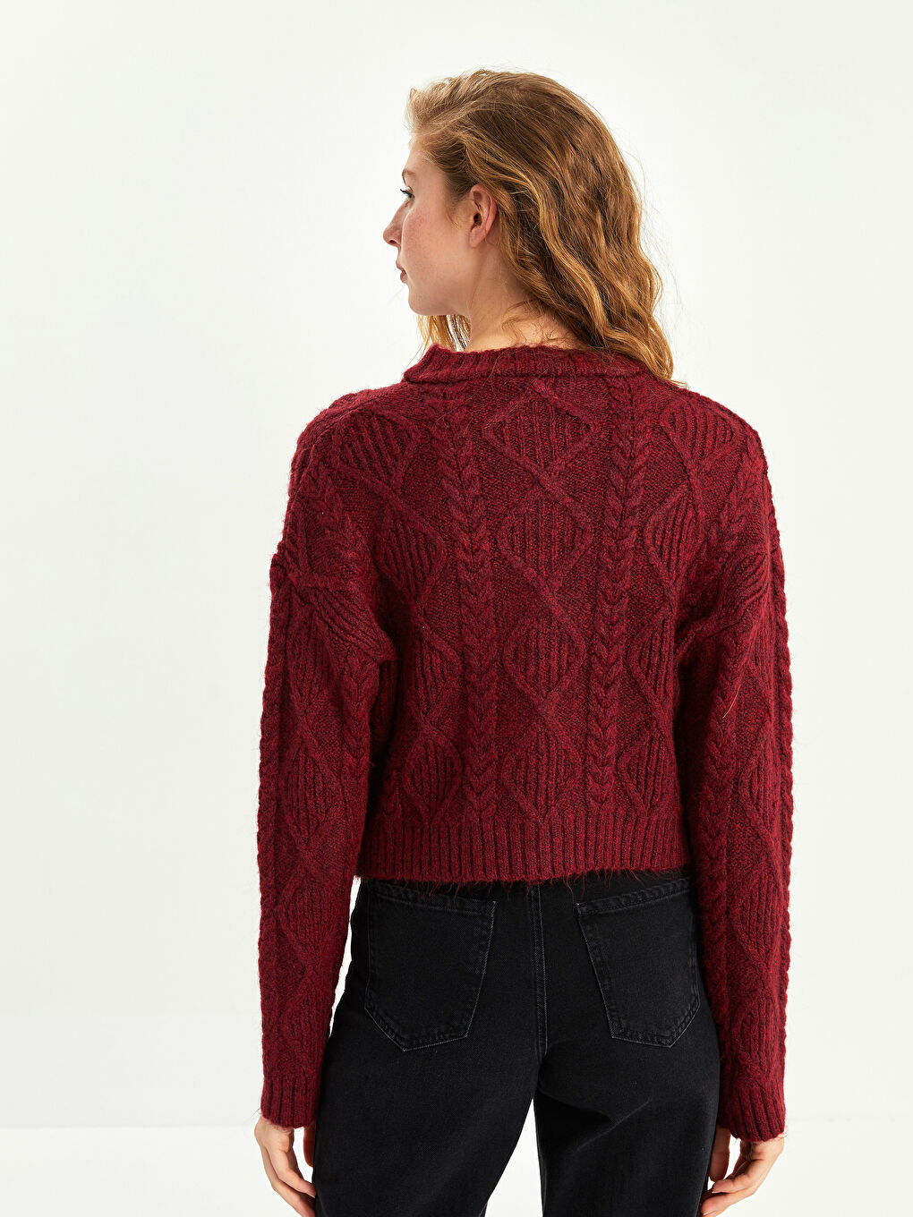 Bordo Bisiklet Yaka Kendinden Desenli Kadın Triko Hırka-4