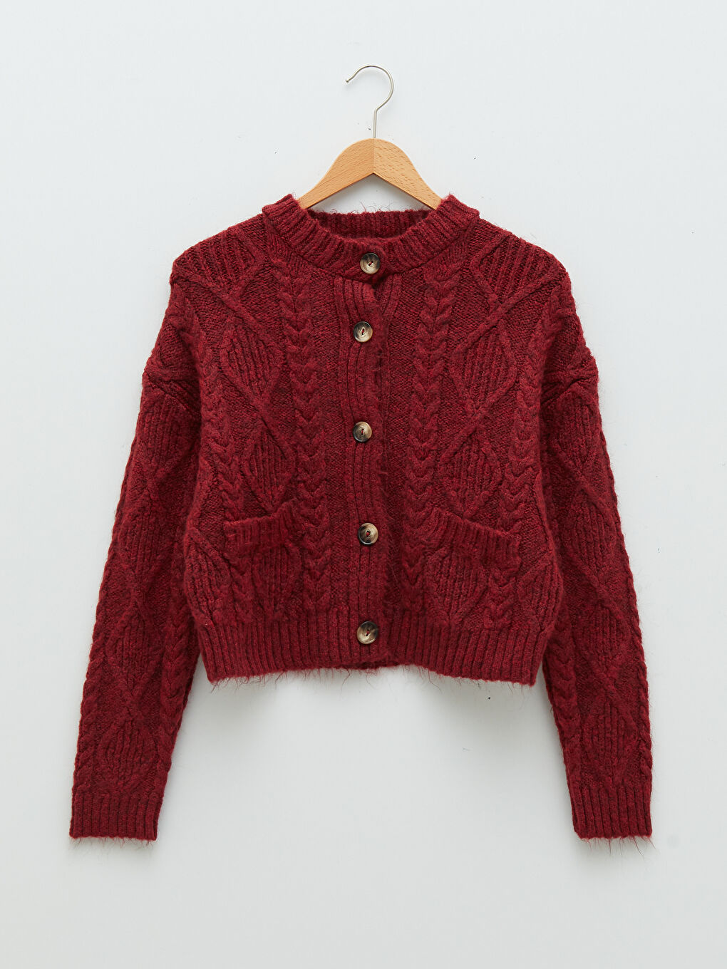 Bordo Bisiklet Yaka Kendinden Desenli Kadın Triko Hırka-6