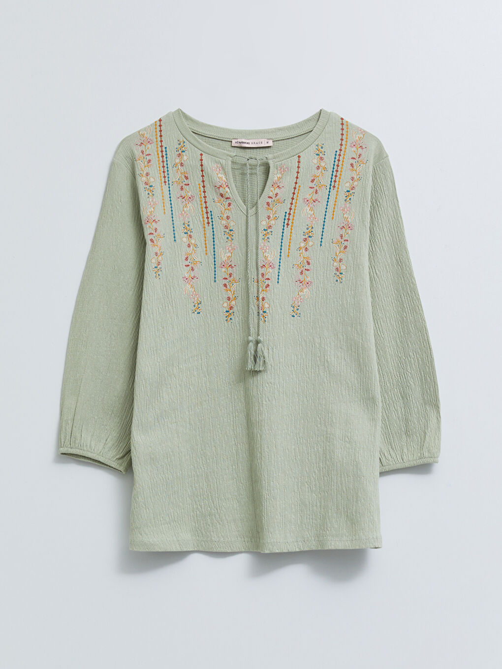 Yeşil Bağlamalı Yaka Nakışlı Kadın Bluz