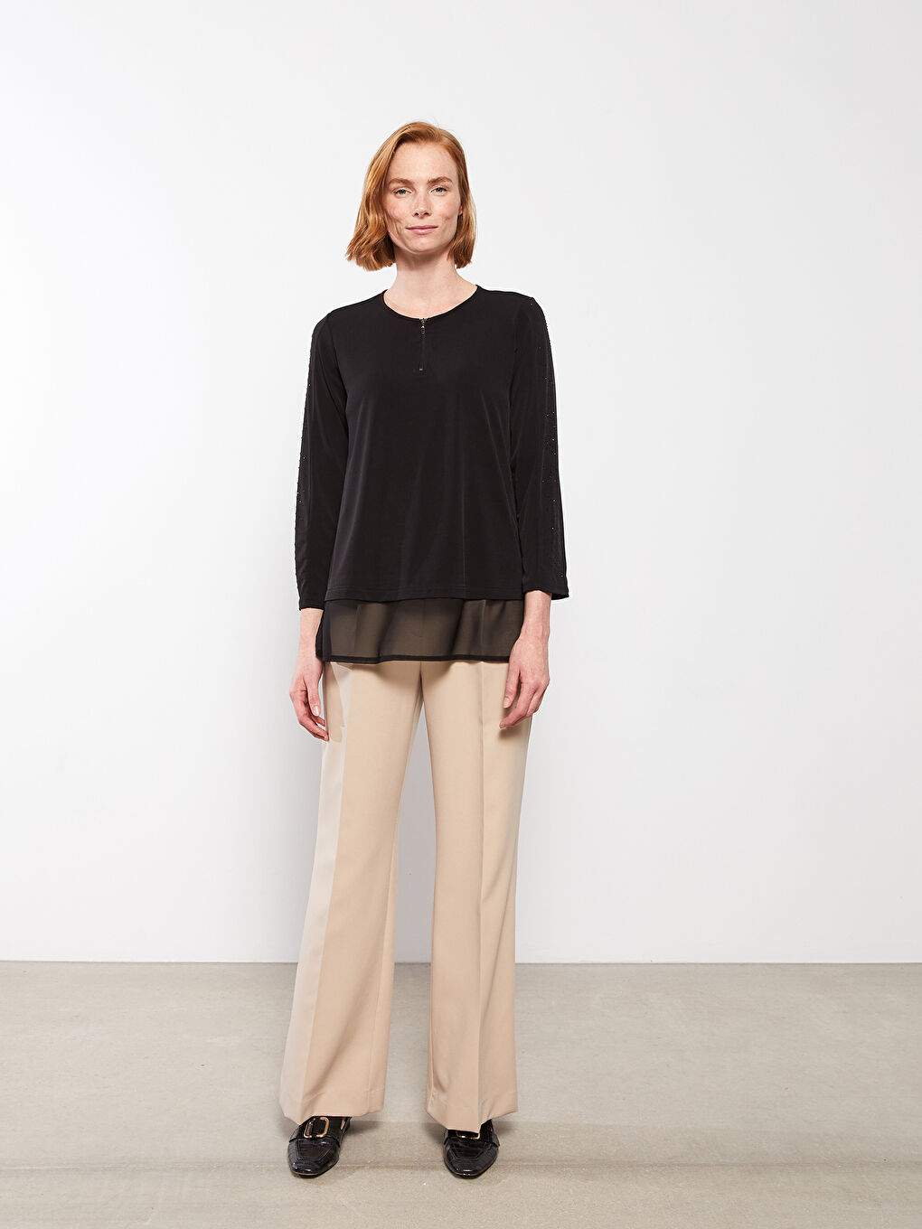 Siyah Bisiklet Yaka Düz Uzun Kollu Kadın Tunik