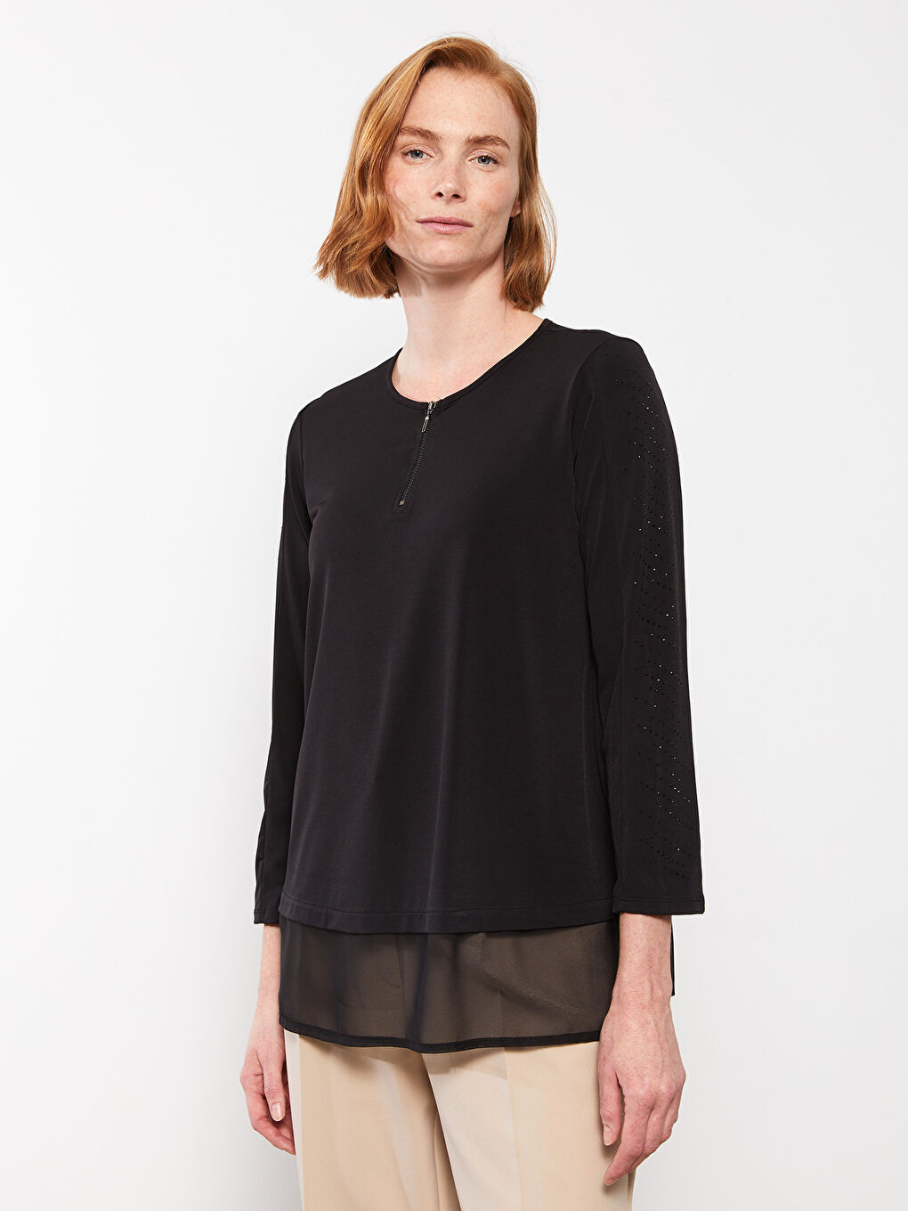 Siyah Bisiklet Yaka Düz Uzun Kollu Kadın Tunik-1