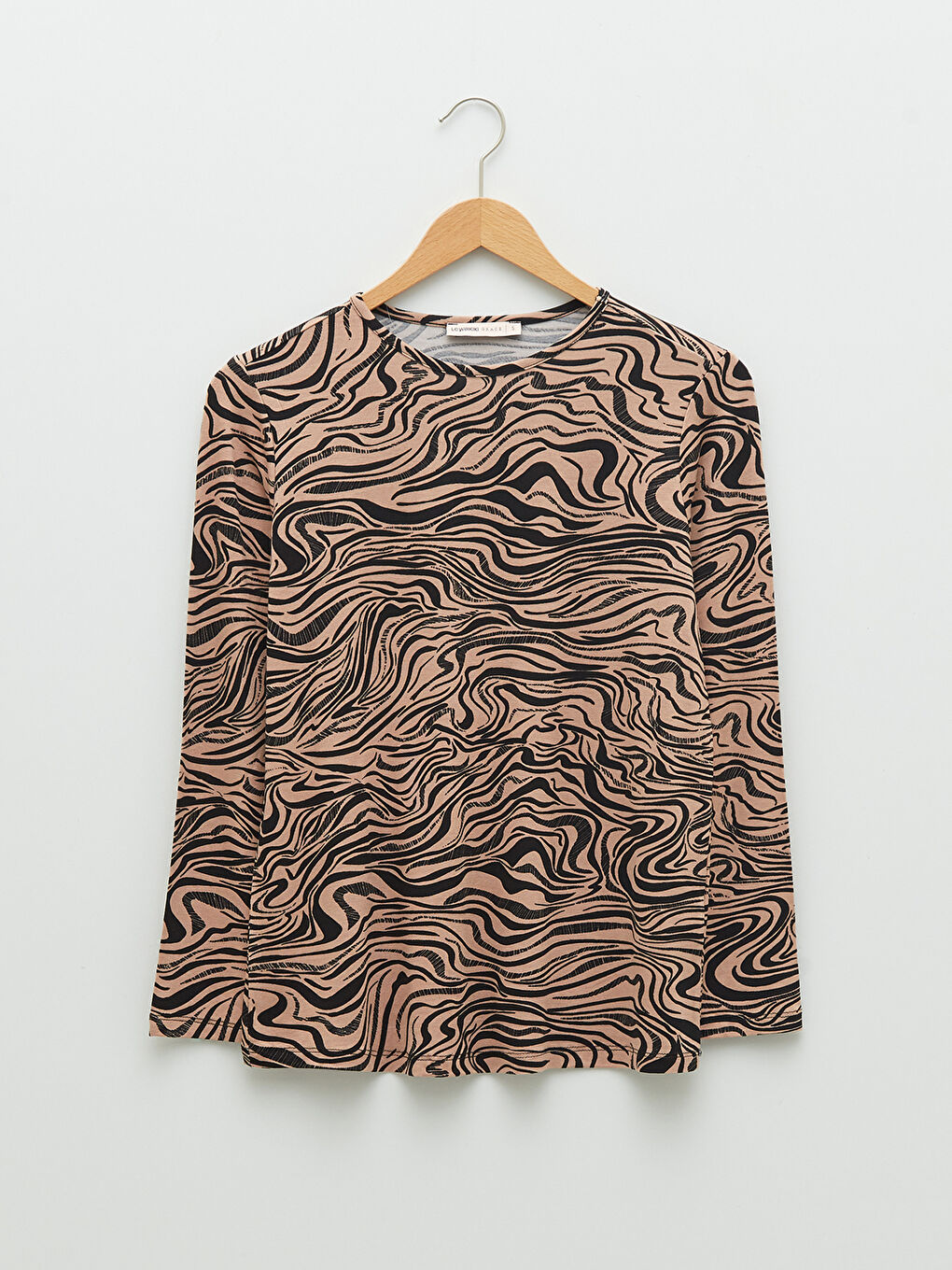 Kahverengi Bisiklet Yaka Desenli Uzun Kollu Kadın Tişört-5